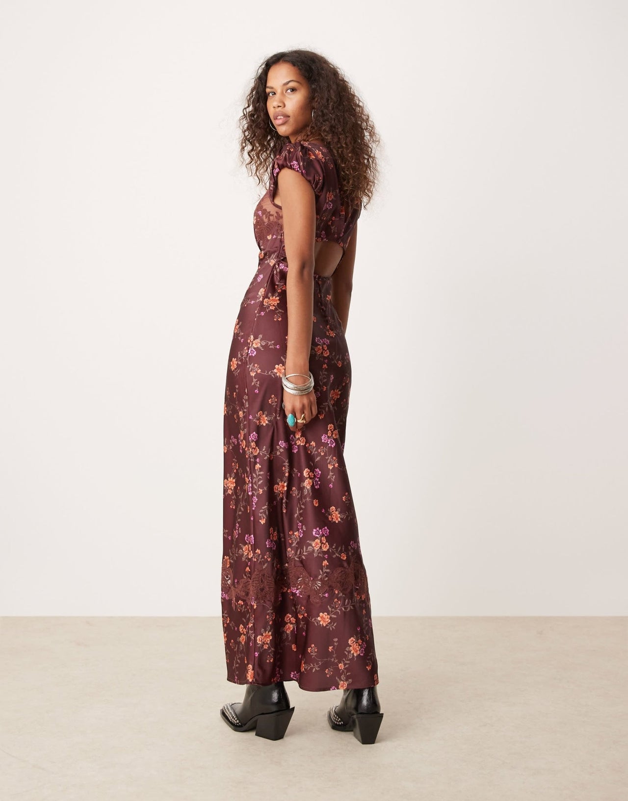 Free People butterfly babe floral print satin midaxi dress in brown - ASOS Sample Sale