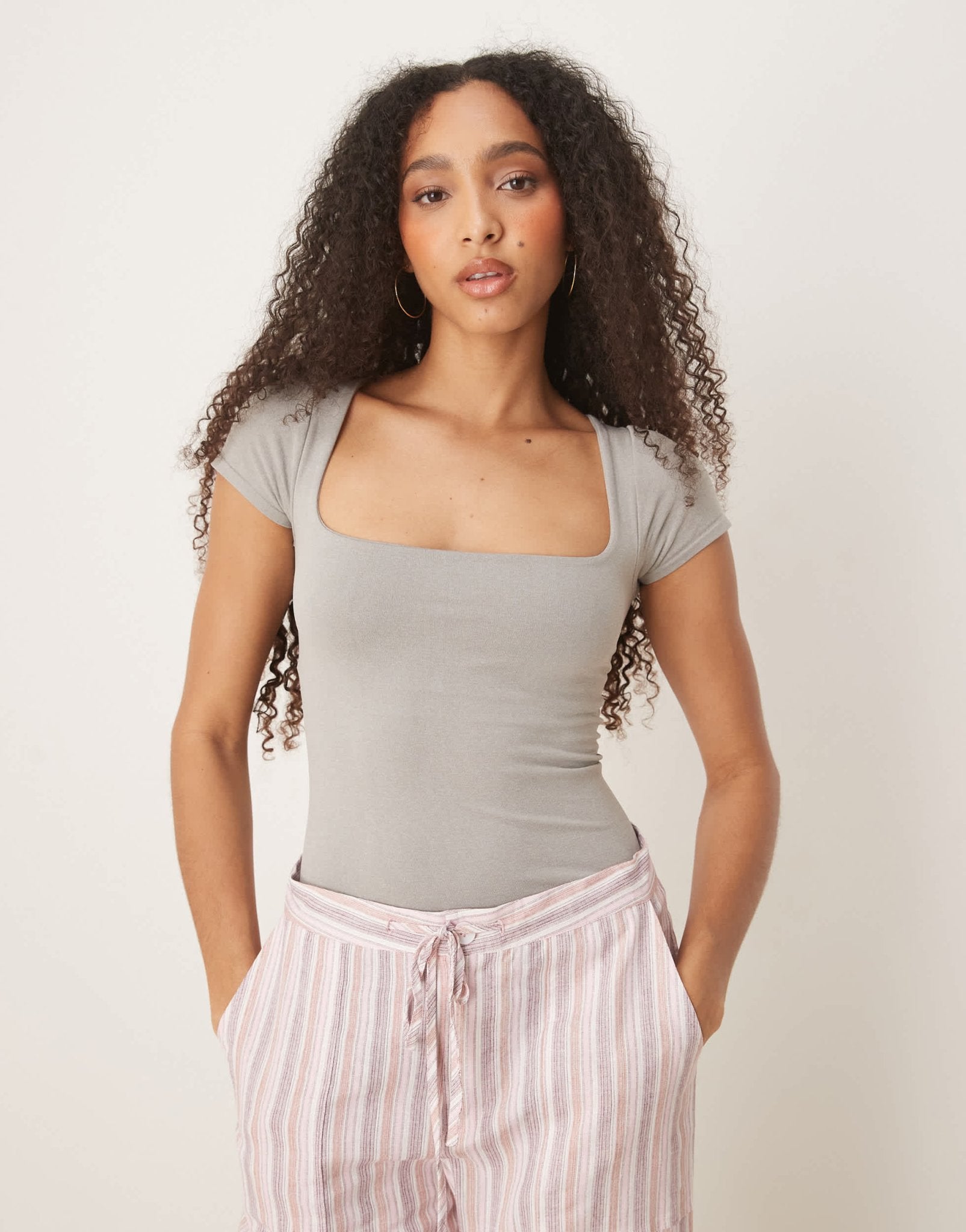Free People clean lines square neck baby tshirt in grey - ASOS Sample Sale