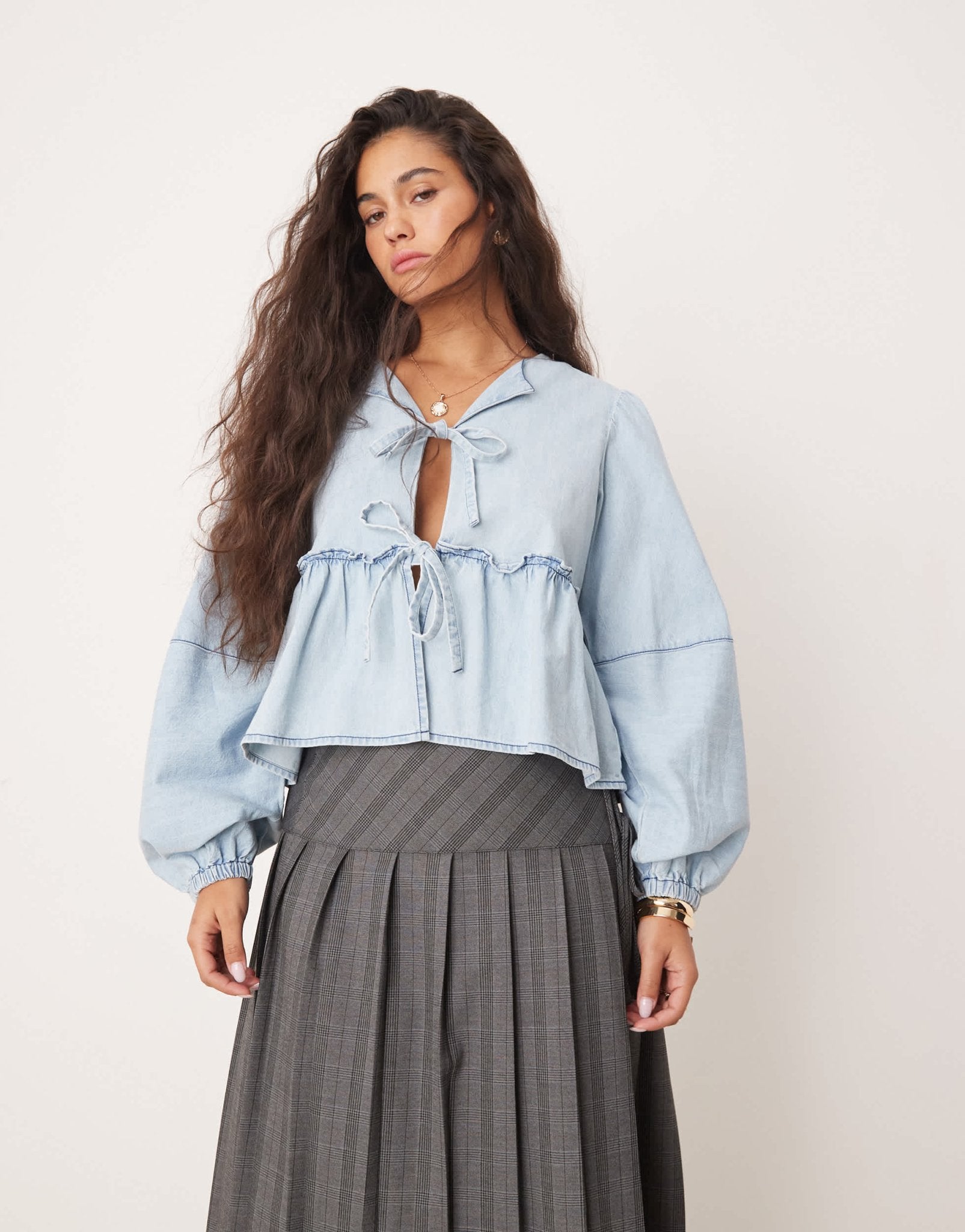 Free People denim tie - front blouse in light wash blue - ASOS Sample Sale