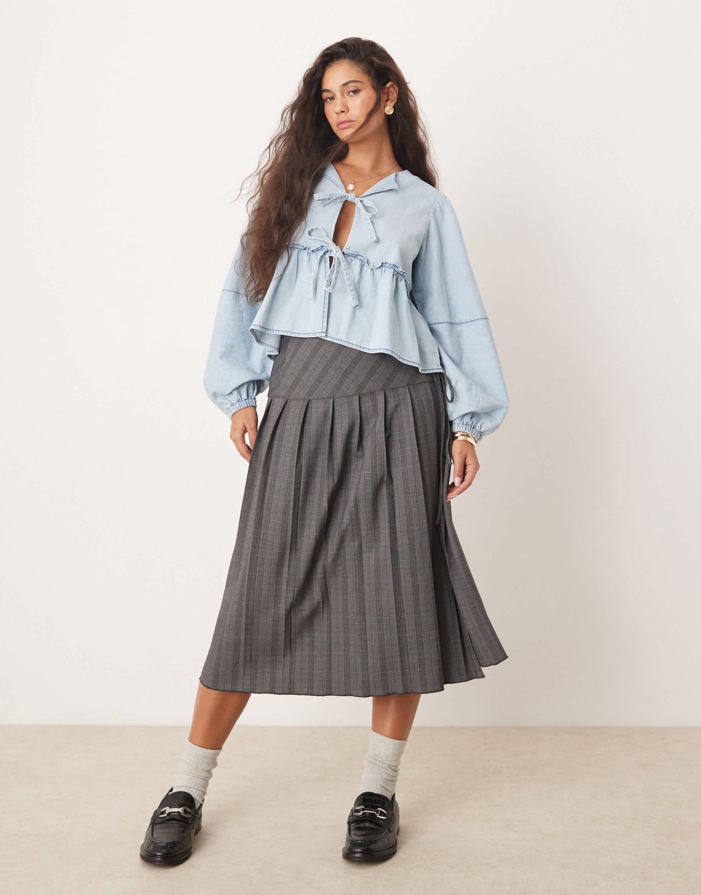 Free People denim tie - front blouse in light wash blue - ASOS Sample Sale