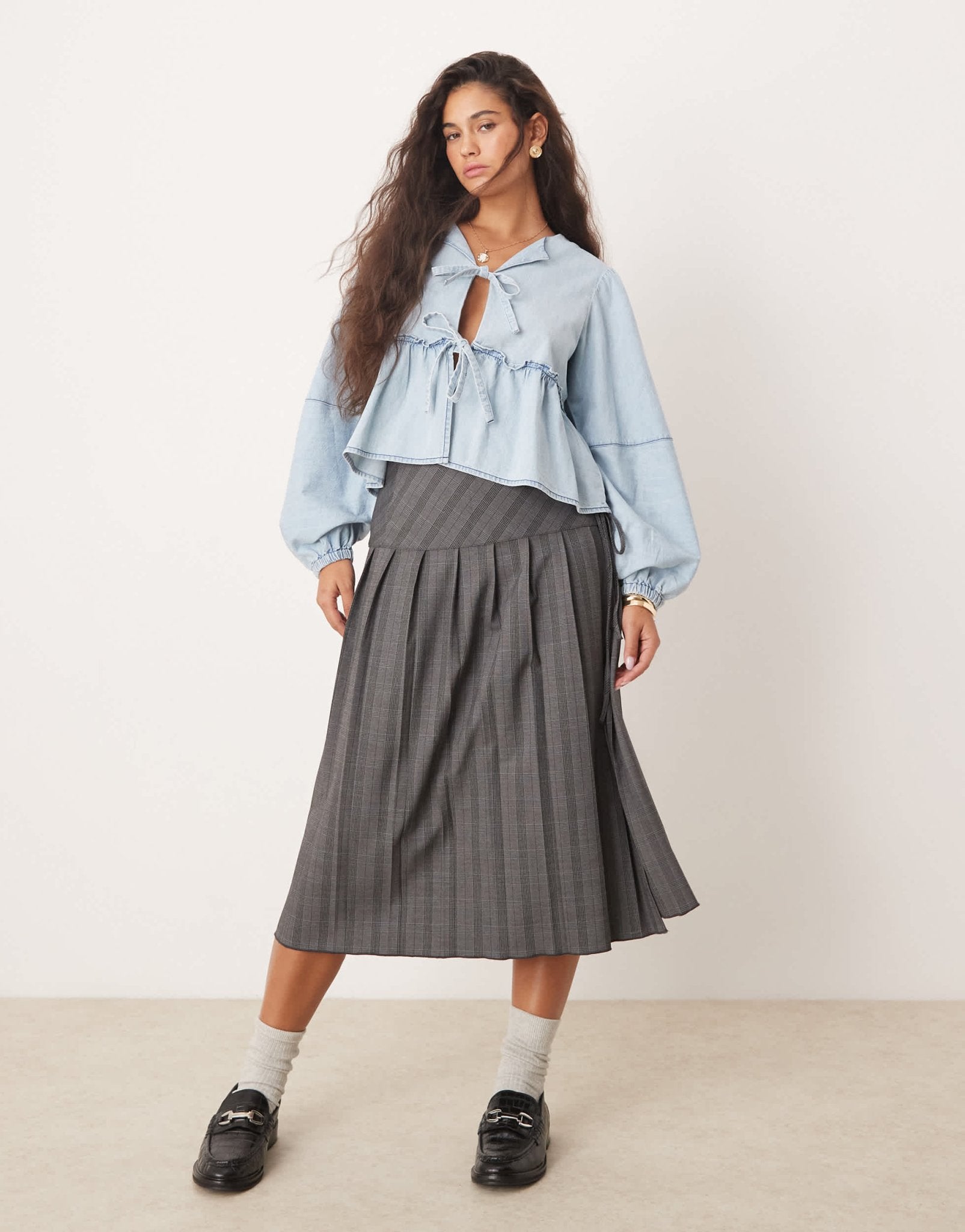 Free People denim tie - front blouse in light wash blue - ASOS Sample Sale