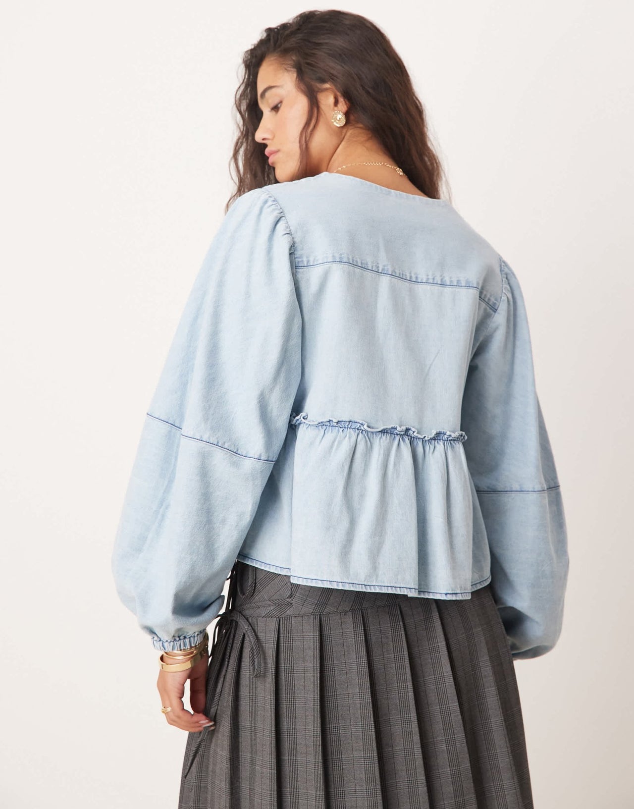 Free People denim tie - front blouse in light wash blue - ASOS Sample Sale