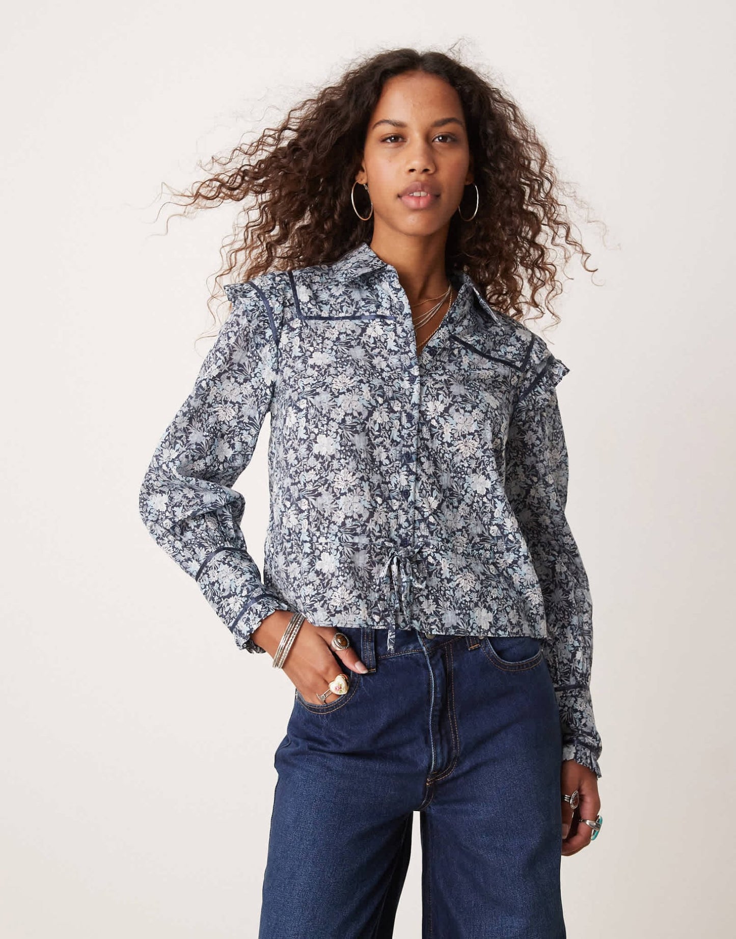 Free People ditsy floral print ruffle cropped blouse in blue - ASOS Sample Sale