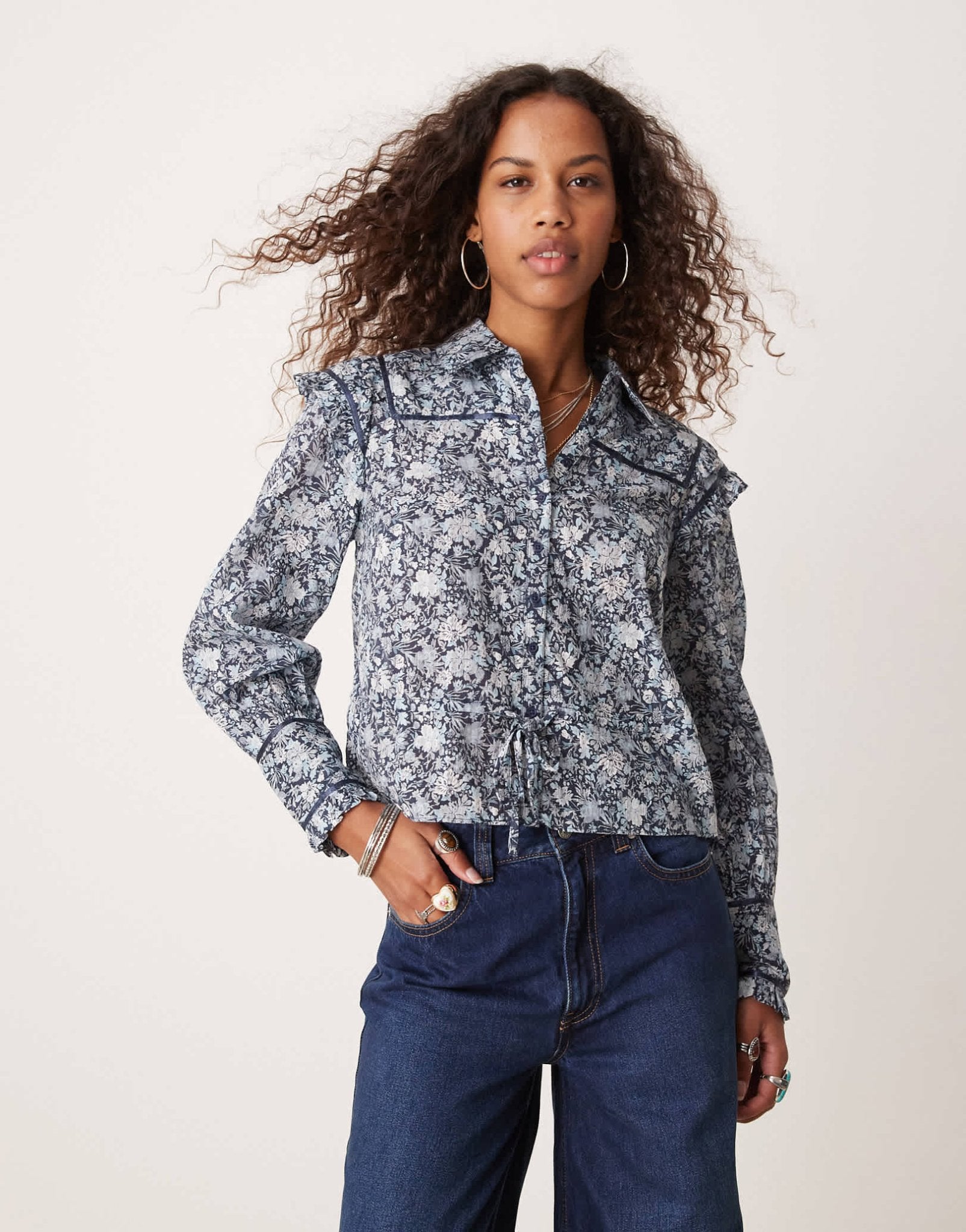 Free People ditsy floral print ruffle cropped blouse in blue - ASOS Sample Sale