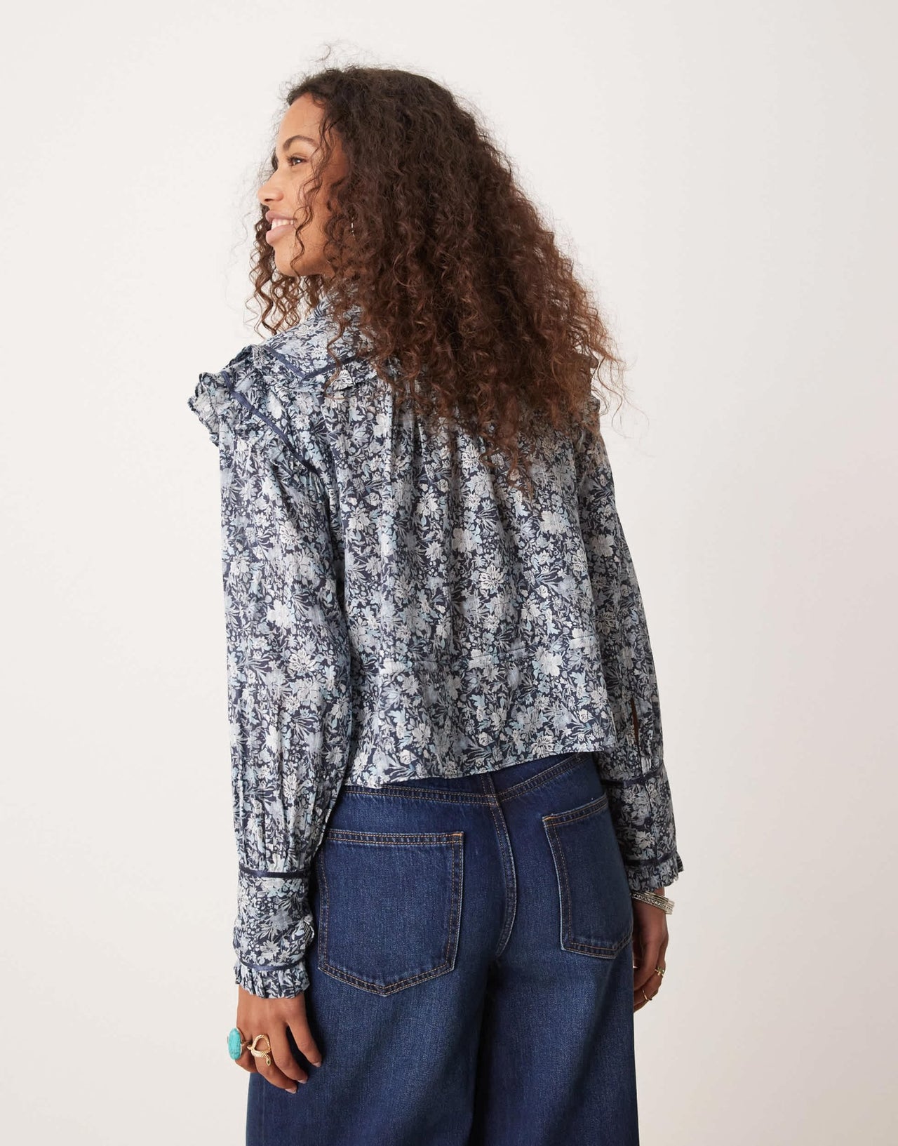 Free People ditsy floral print ruffle cropped blouse in blue - ASOS Sample Sale