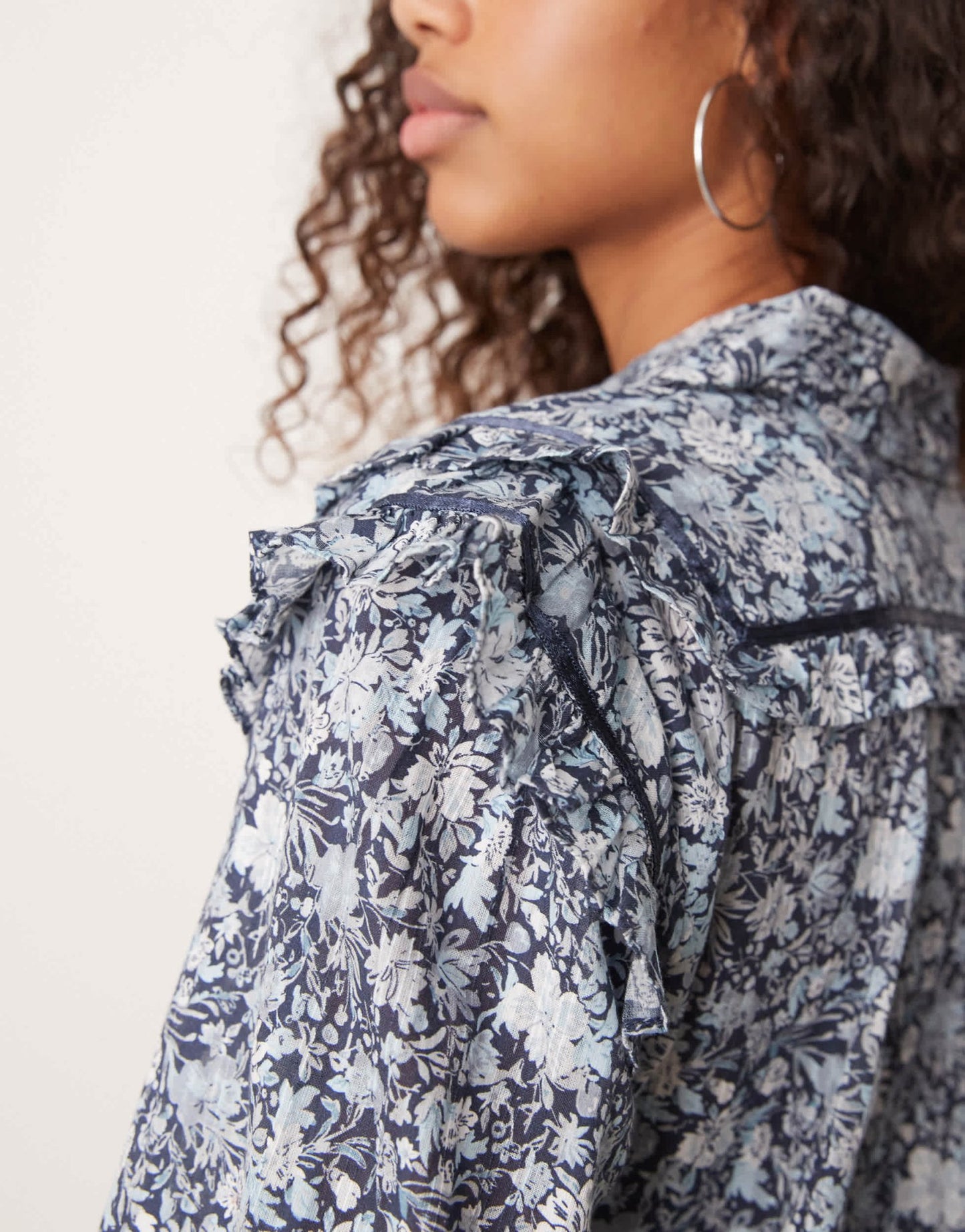 Free People ditsy floral print ruffle cropped blouse in blue - ASOS Sample Sale