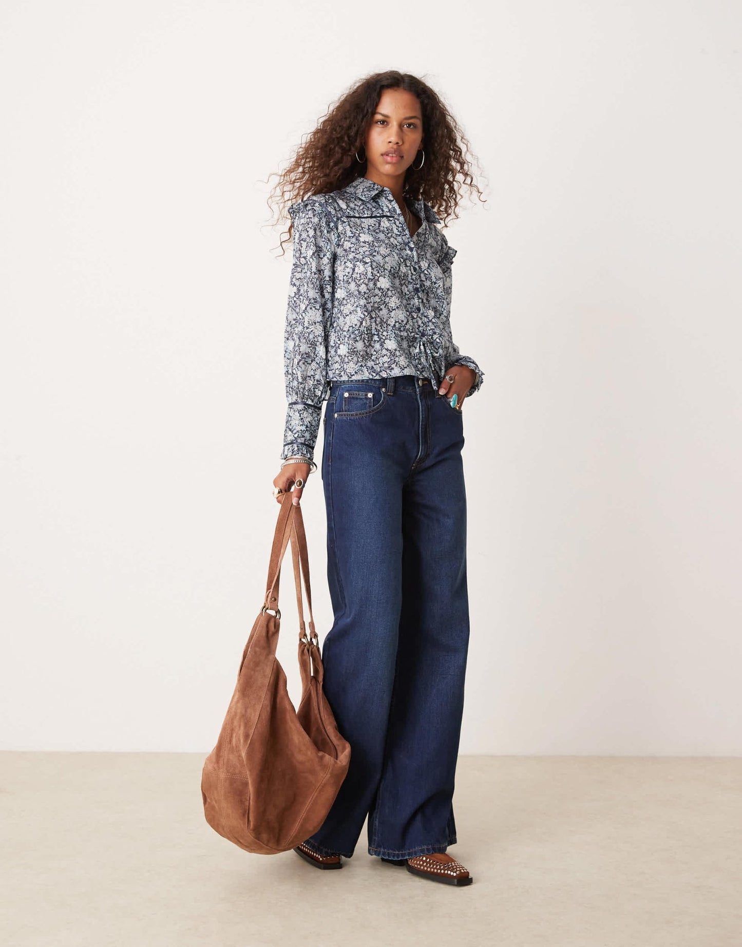 Free People ditsy floral print ruffle cropped blouse in blue - ASOS Sample Sale