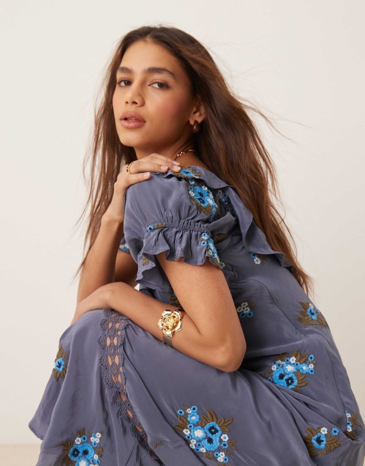 Free People floral embroidered puff sleeve maxi dress in indigo - ASOS Sample Sale