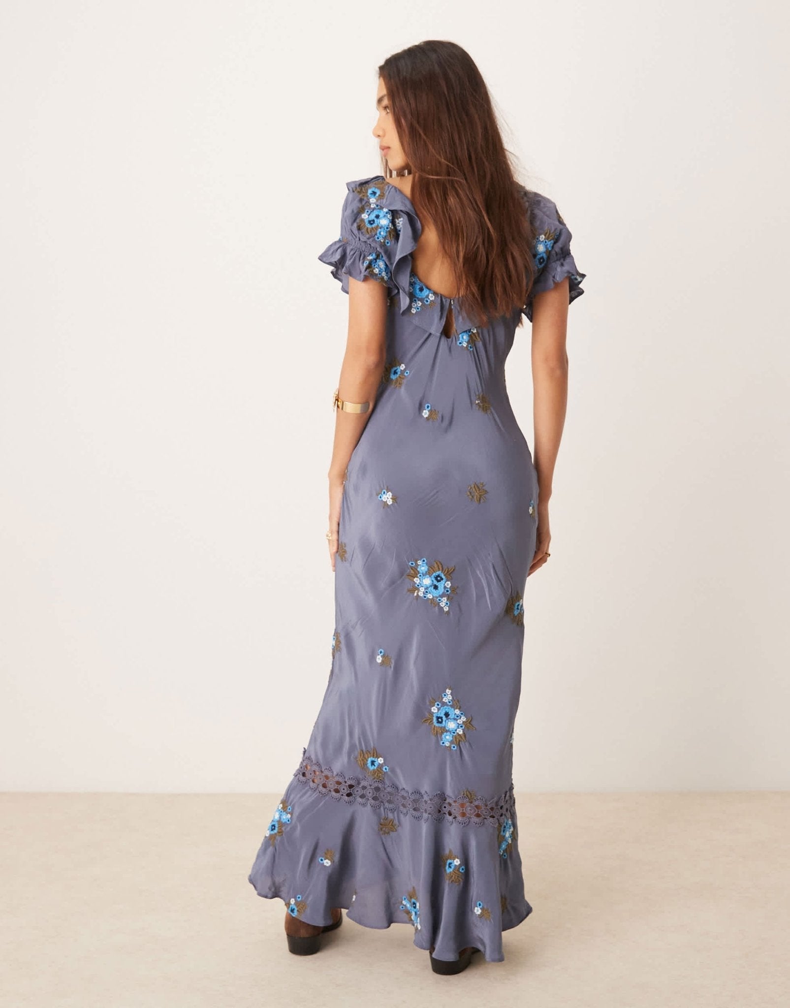 Free People floral embroidered puff sleeve maxi dress in indigo - ASOS Sample Sale