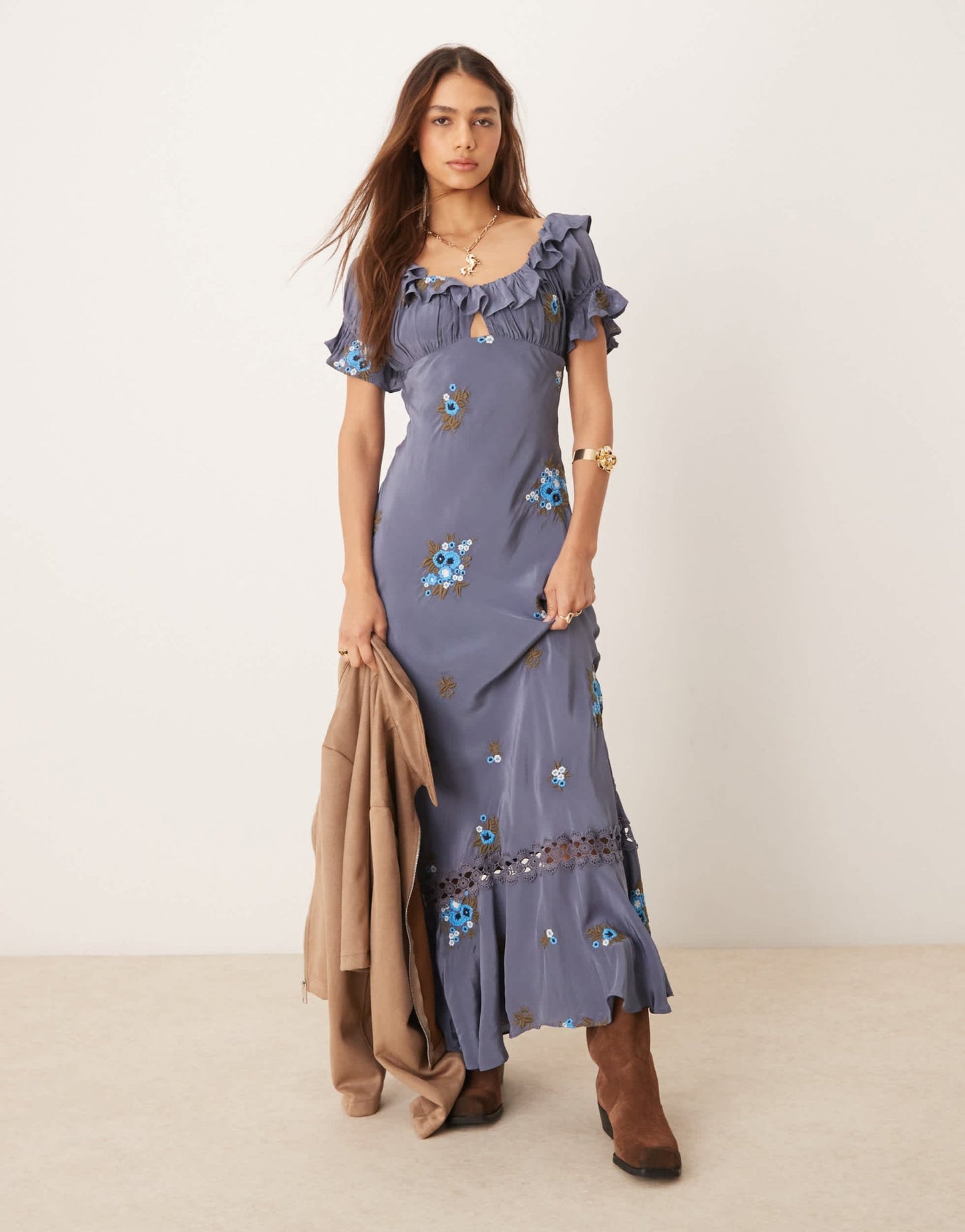 Free People floral embroidered puff sleeve maxi dress in indigo - ASOS Sample Sale