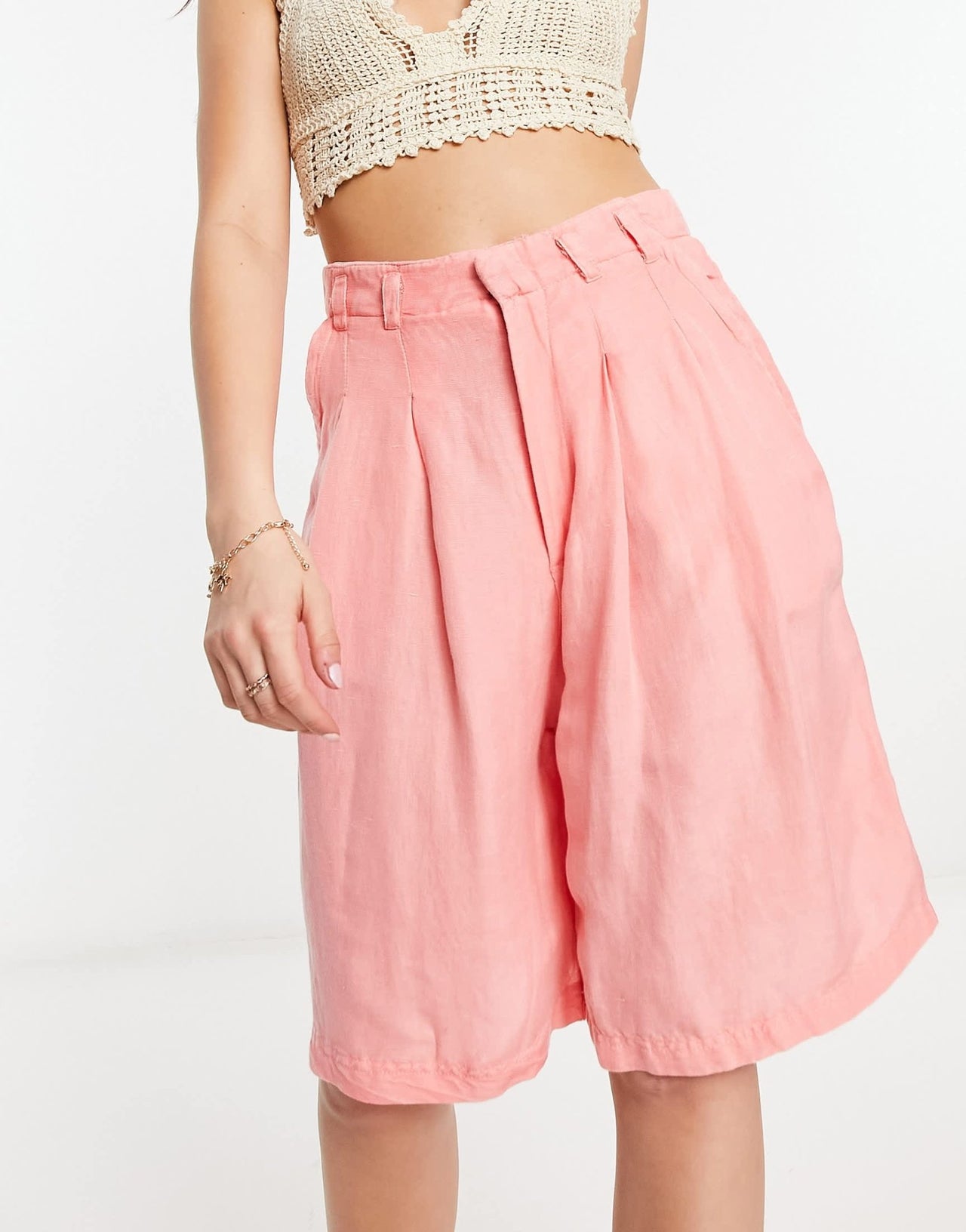 Free People linen high waist longline shorts in coral - ASOS Sample Sale