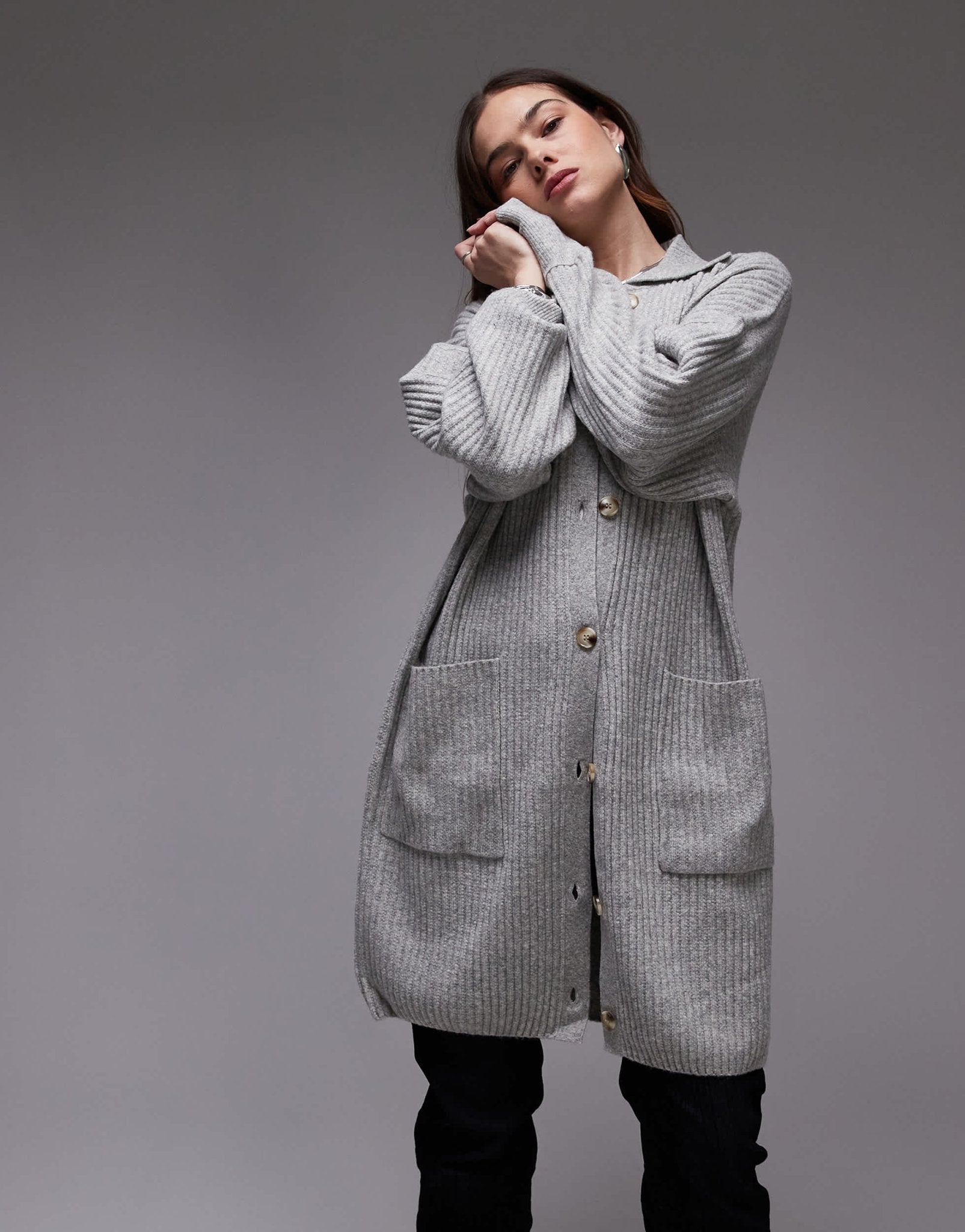 Free People oversized longline button detail cardigan in soft grey - ASOS Sample Sale