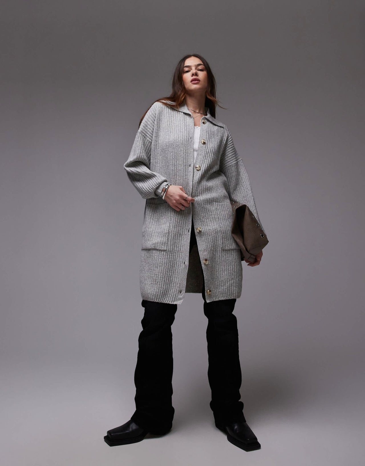 Free People oversized longline button detail cardigan in soft grey - ASOS Sample Sale