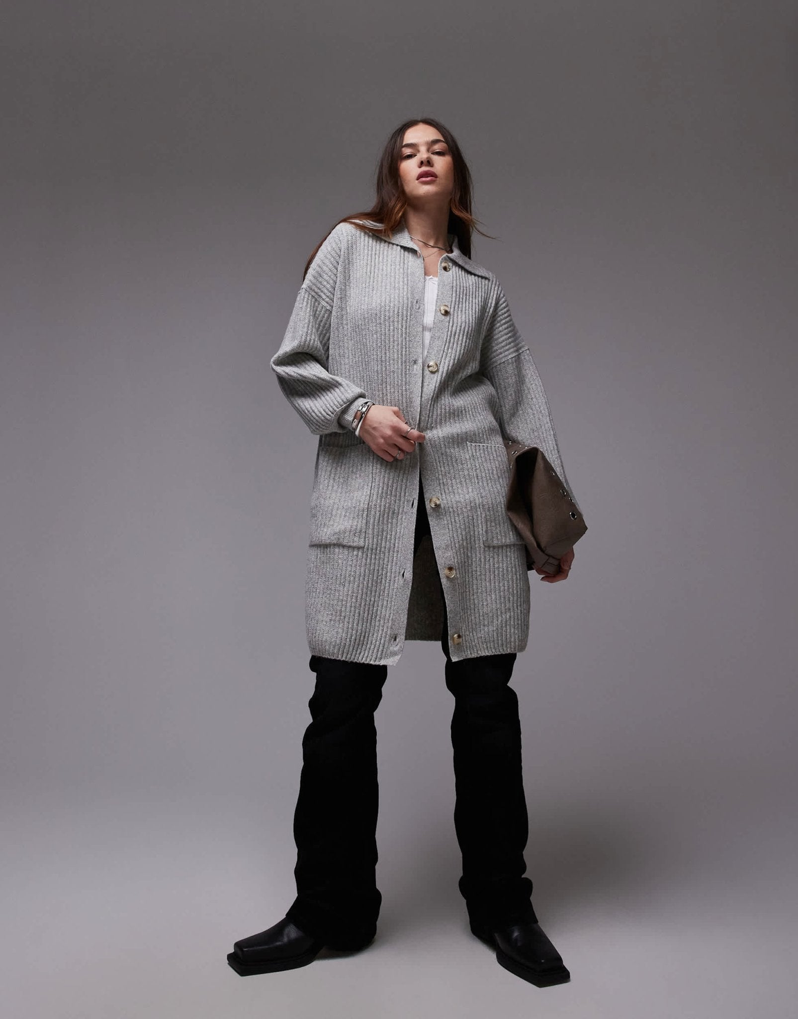 Free People oversized longline button detail cardigan in soft grey - ASOS Sample Sale
