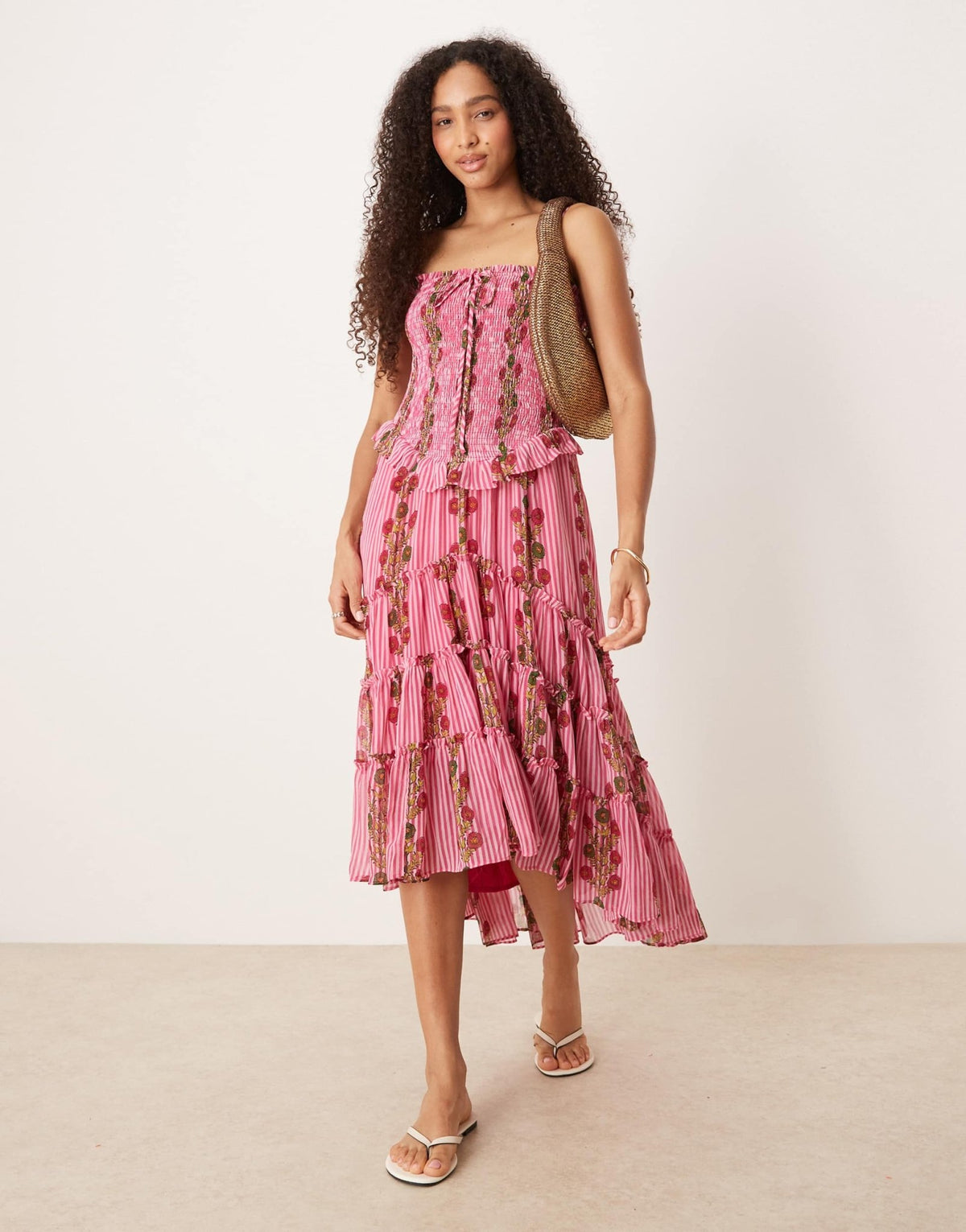 Free People ruched ruffle midi dress in hot pink combo - ASOS Sample Sale