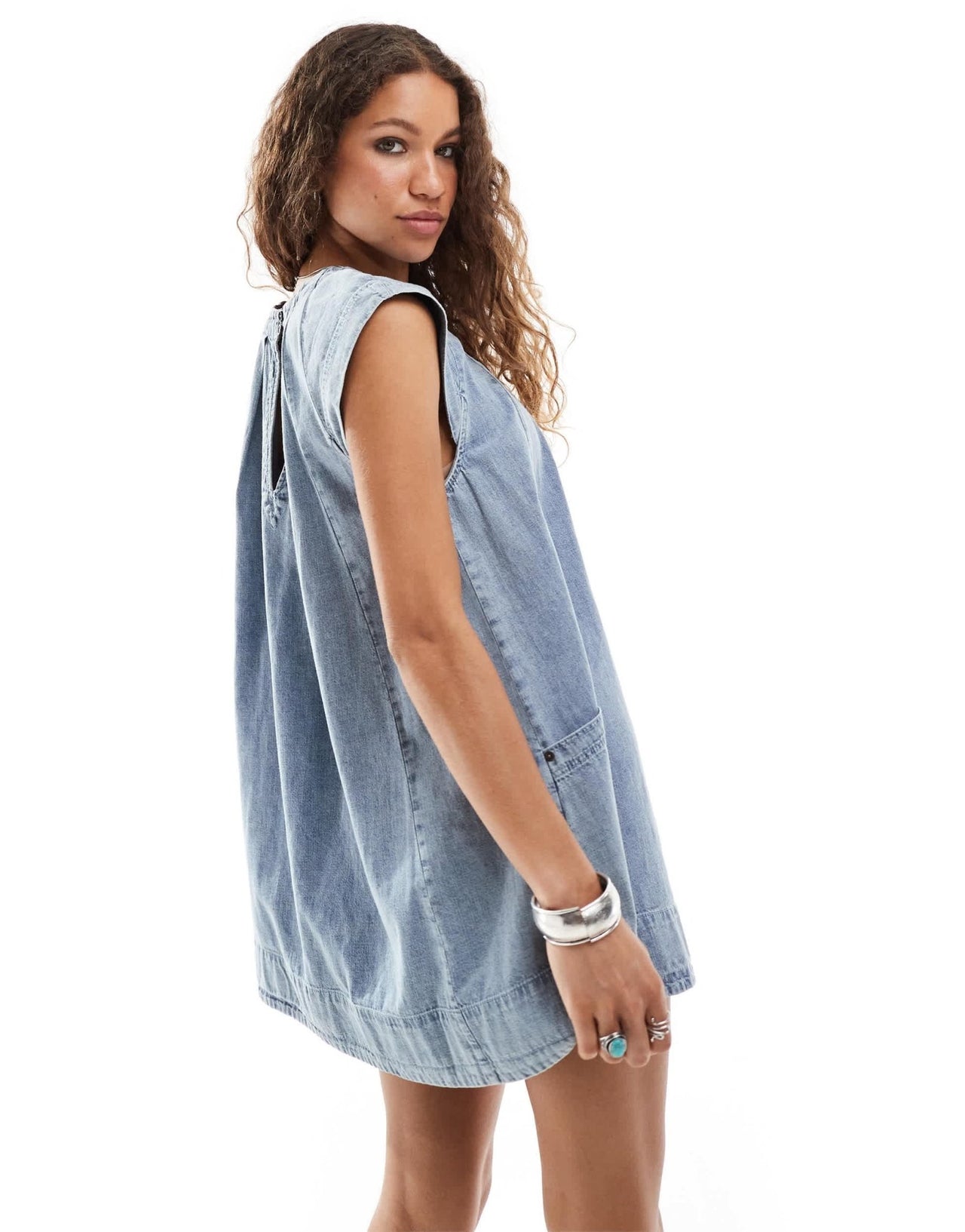 Free People smock mini dress in blue denim - ASOS Sample Sale