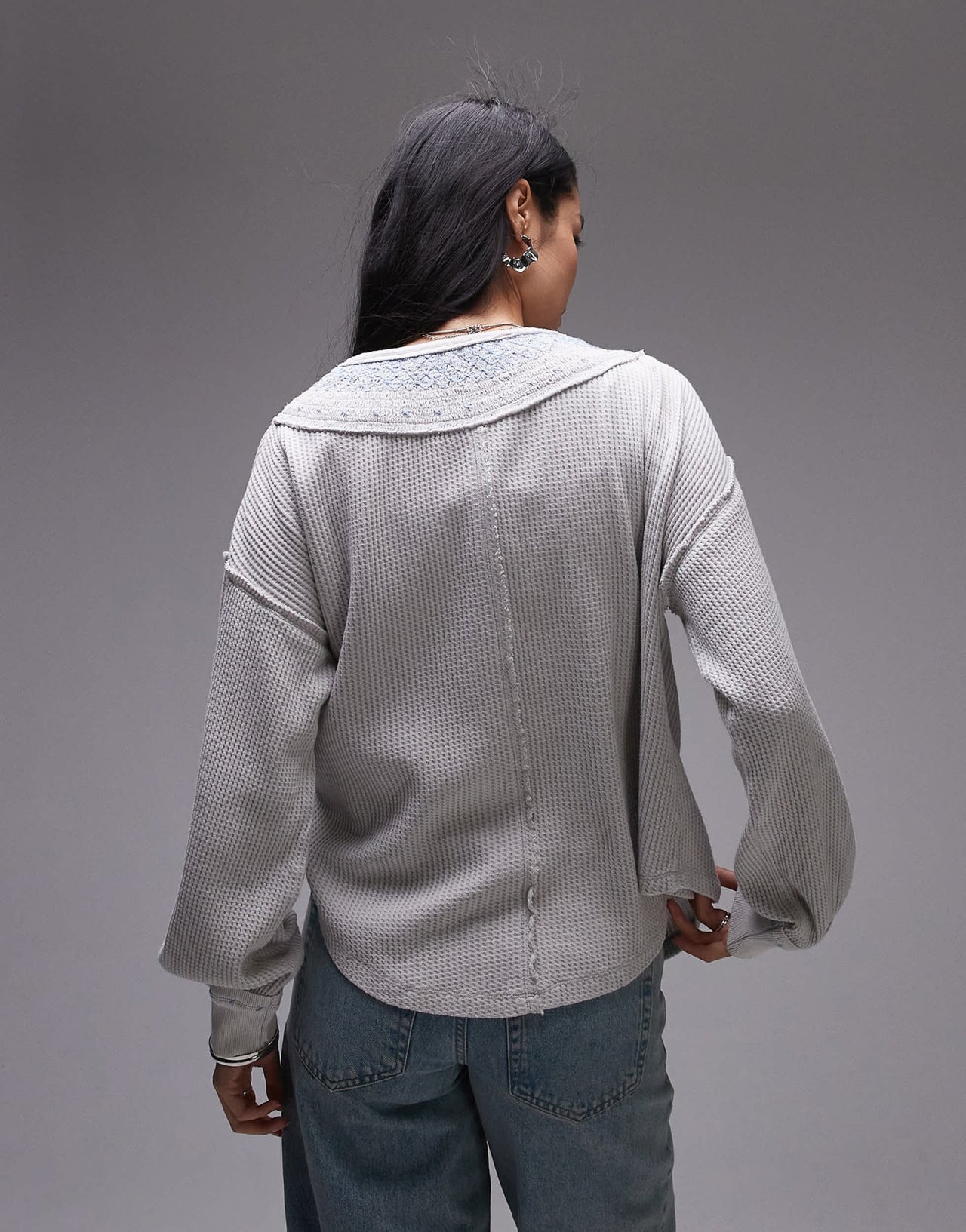 Free People stitch detail relaxed waffle henley sweat in heather grey - ASOS Sample Sale