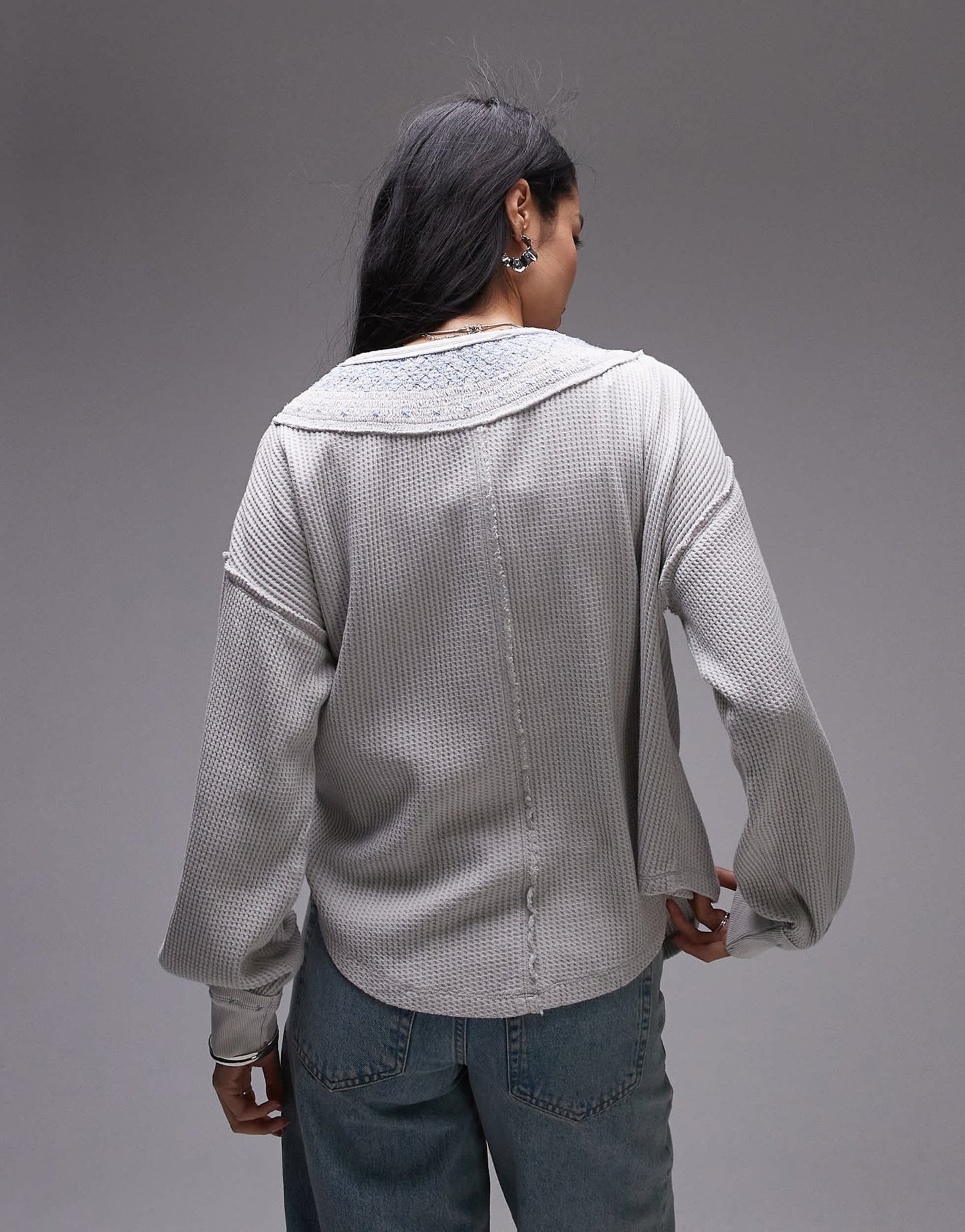 Free People stitch detail relaxed waffle henley sweat in heather grey - ASOS Sample Sale