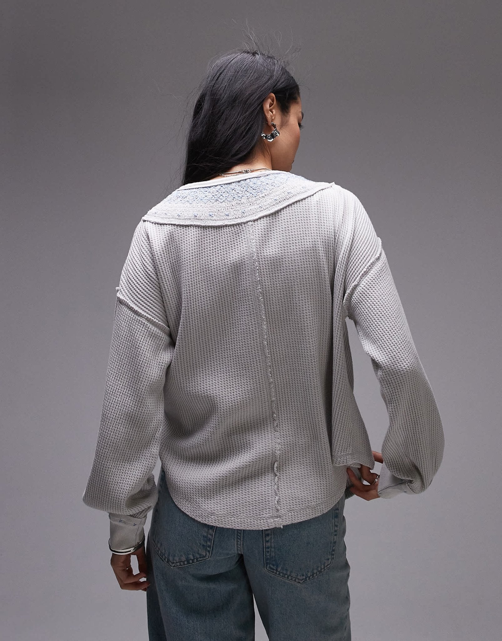 Free People stitch detail relaxed waffle henley sweat in heather grey - ASOS Sample Sale