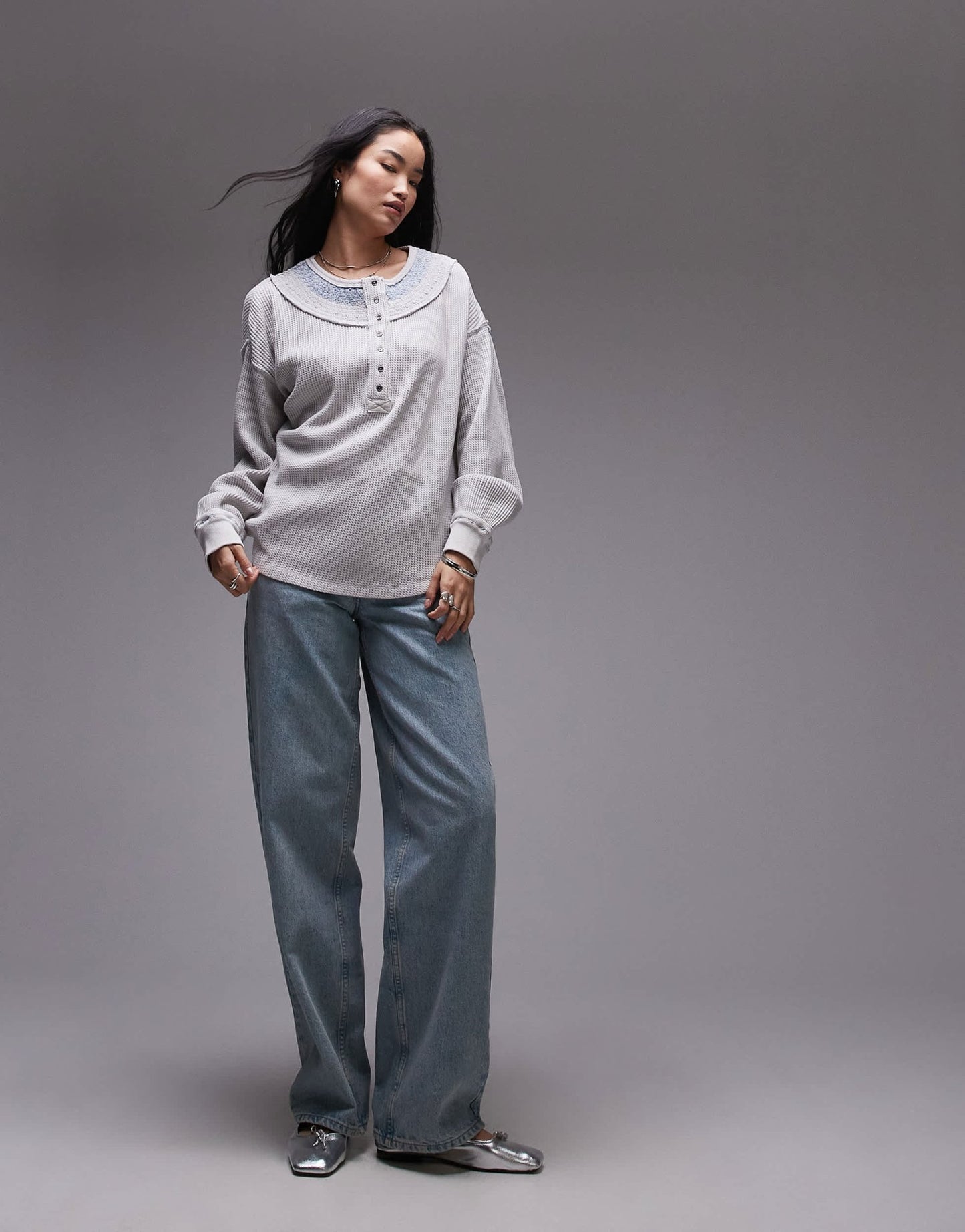 Free People stitch detail relaxed waffle henley sweat in heather grey - ASOS Sample Sale