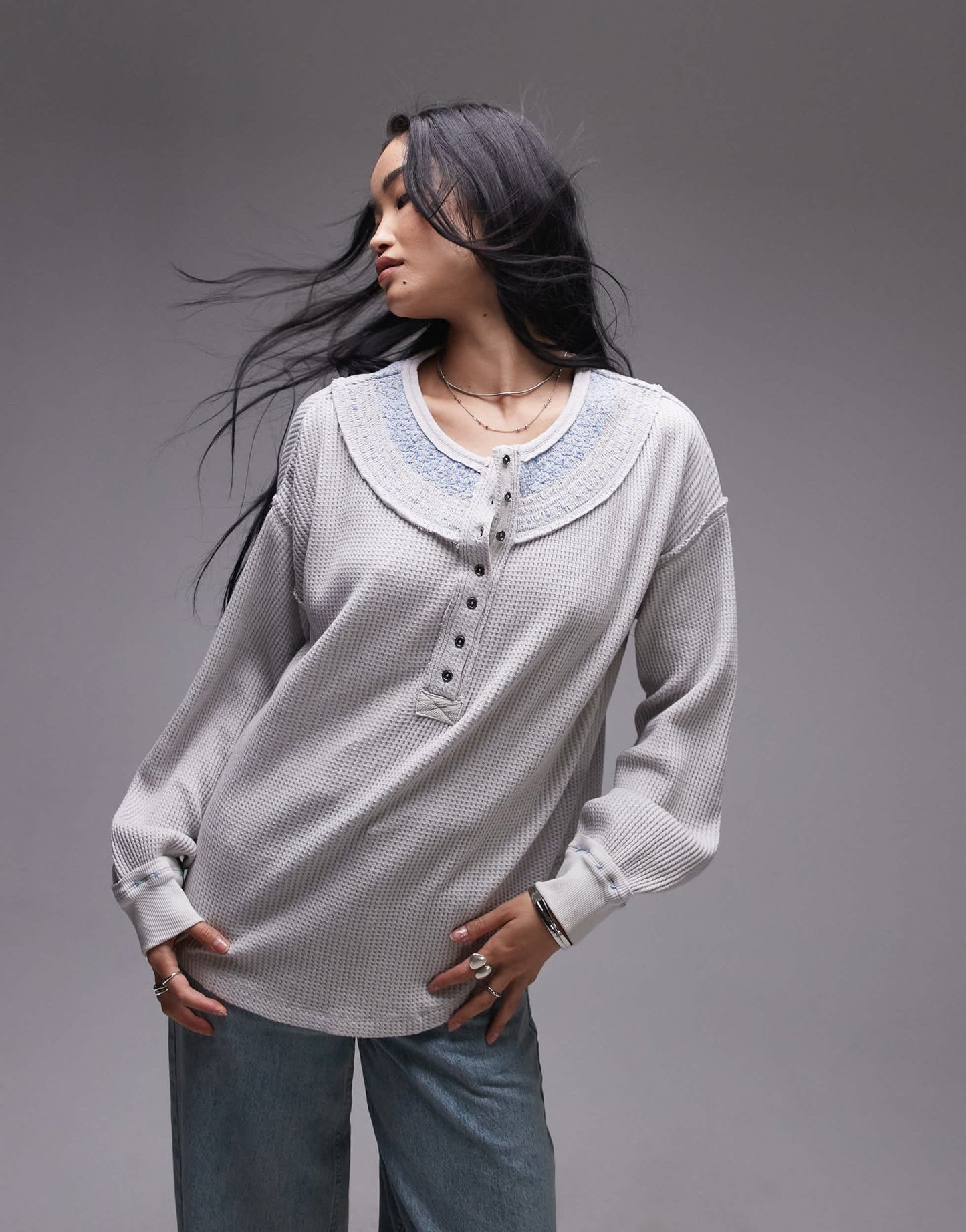 Free People stitch detail relaxed waffle henley sweat in heather grey - ASOS Sample Sale