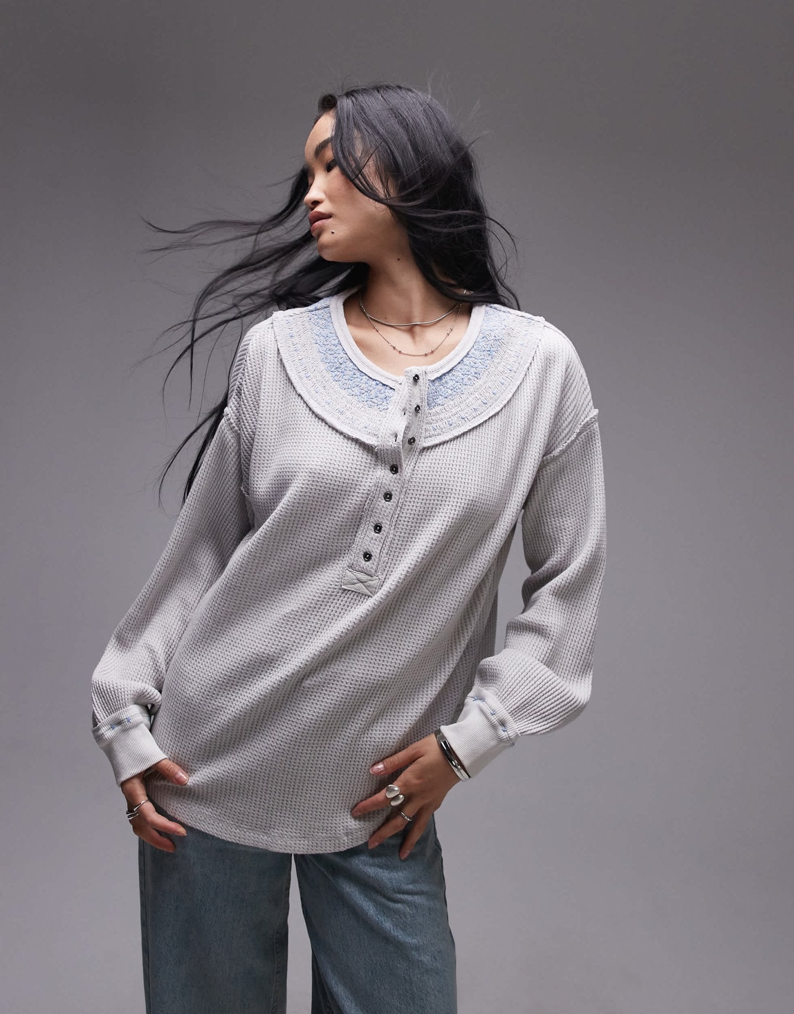 Free People stitch detail relaxed waffle henley sweat in heather grey - ASOS Sample Sale