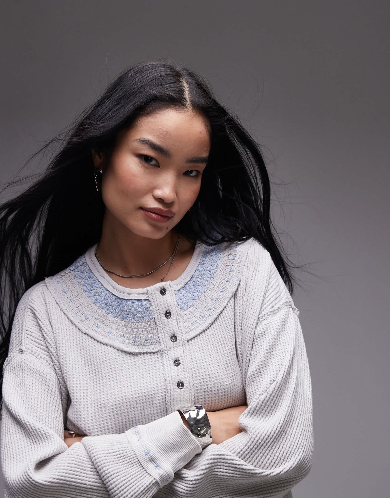 Free People stitch detail relaxed waffle henley sweat in heather grey - ASOS Sample Sale
