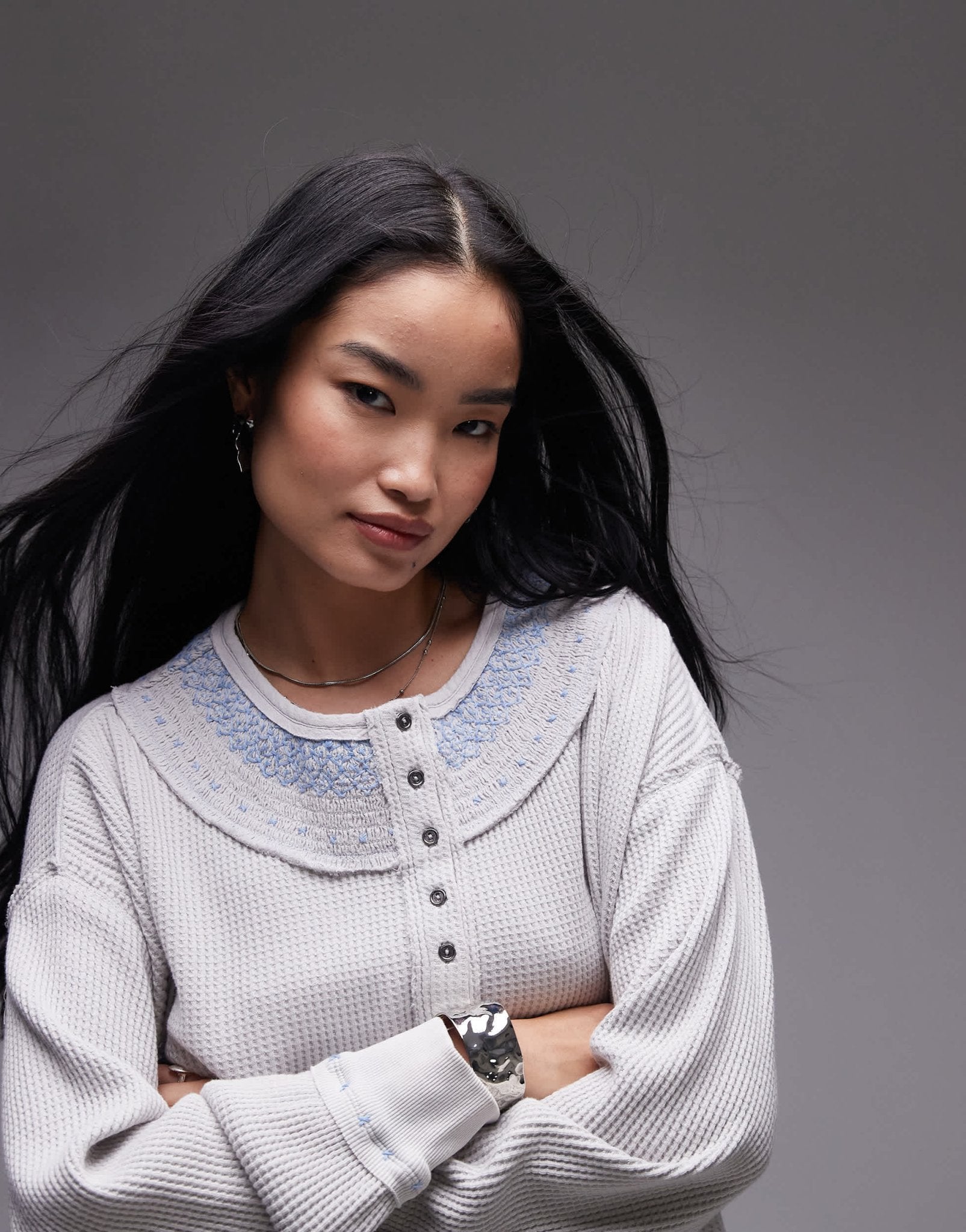 Free People stitch detail relaxed waffle henley sweat in heather grey - ASOS Sample Sale