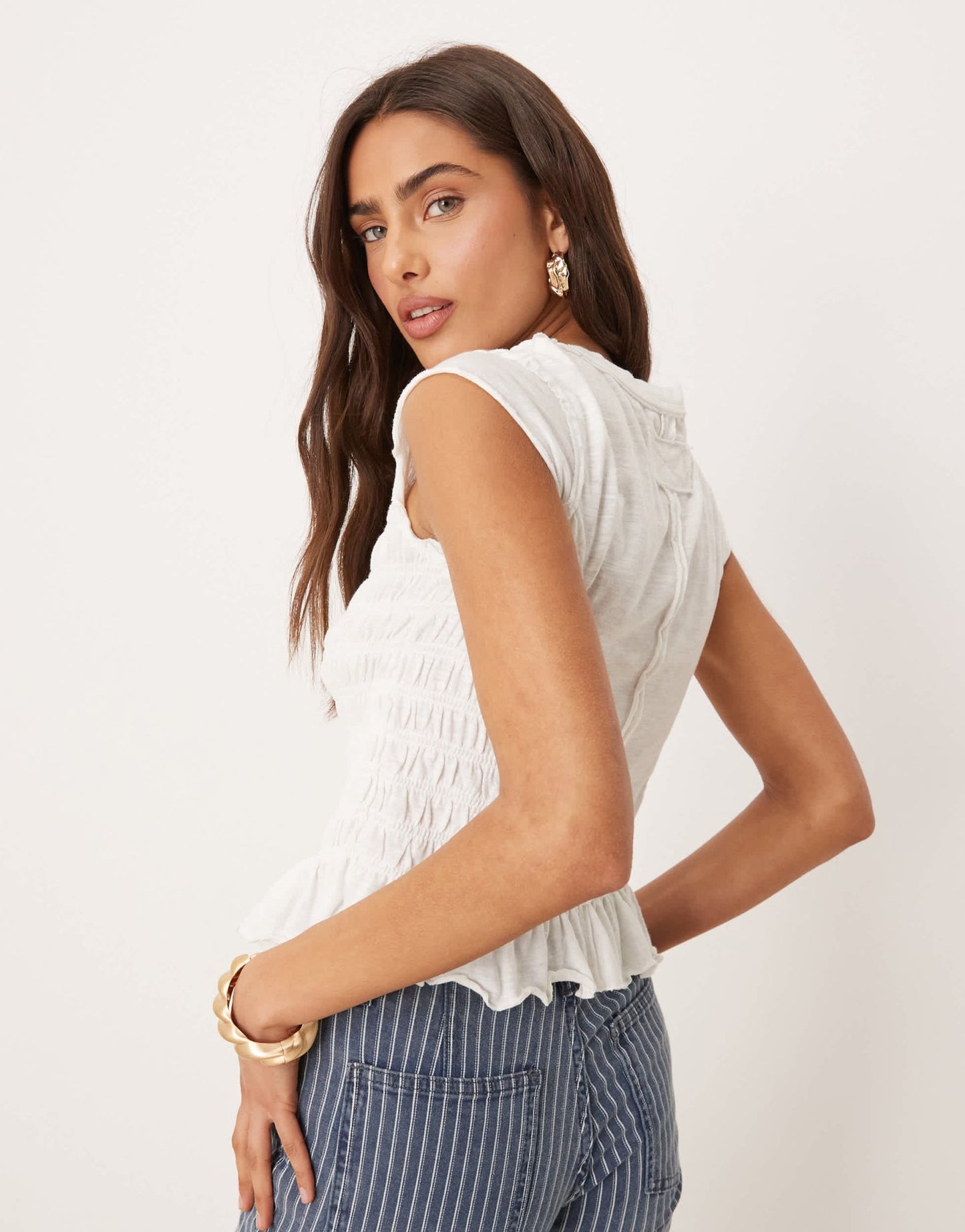 Free People sylvie shirred t-shirt in ivory - ASOS Sample Sale