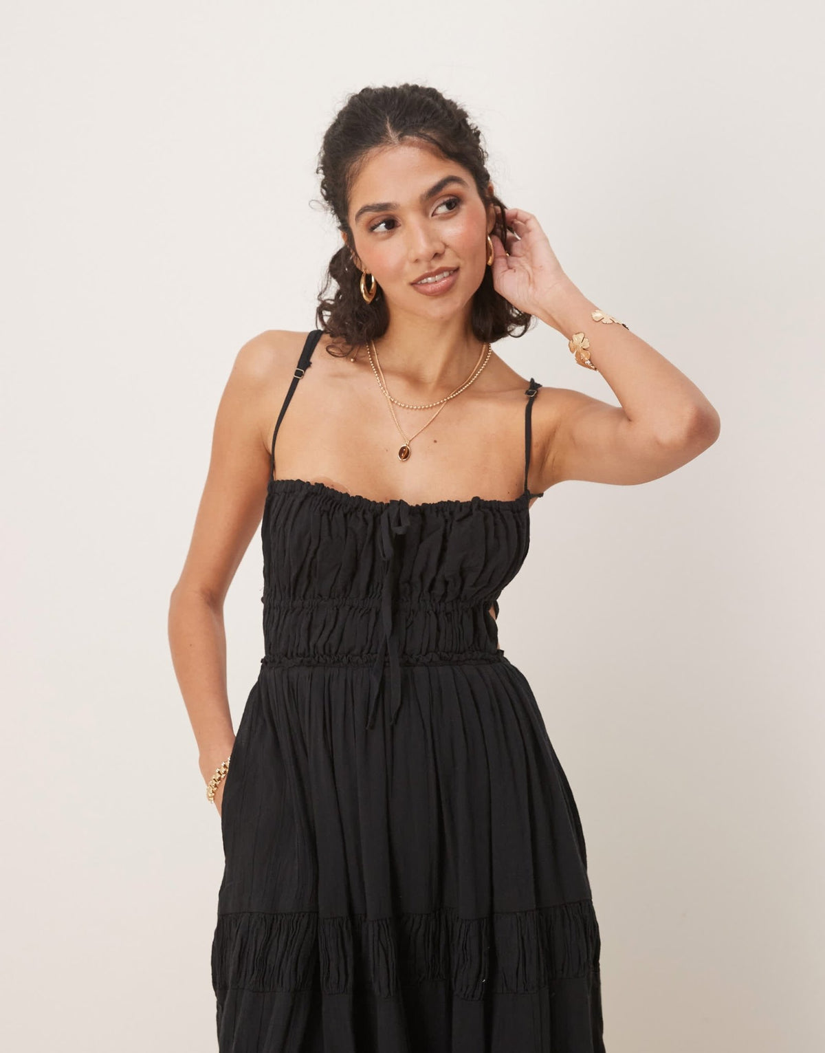 Free People taking sides tiered midaxi dress in black - ASOS Sample Sale