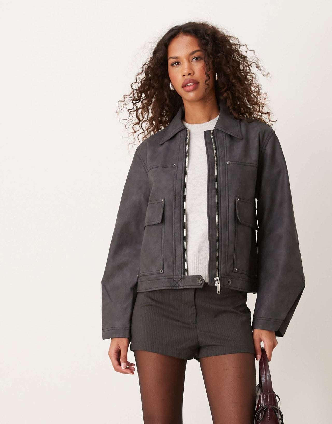 Free People winnie faux leather motor jacket in charcoal - ASOS Sample Sale