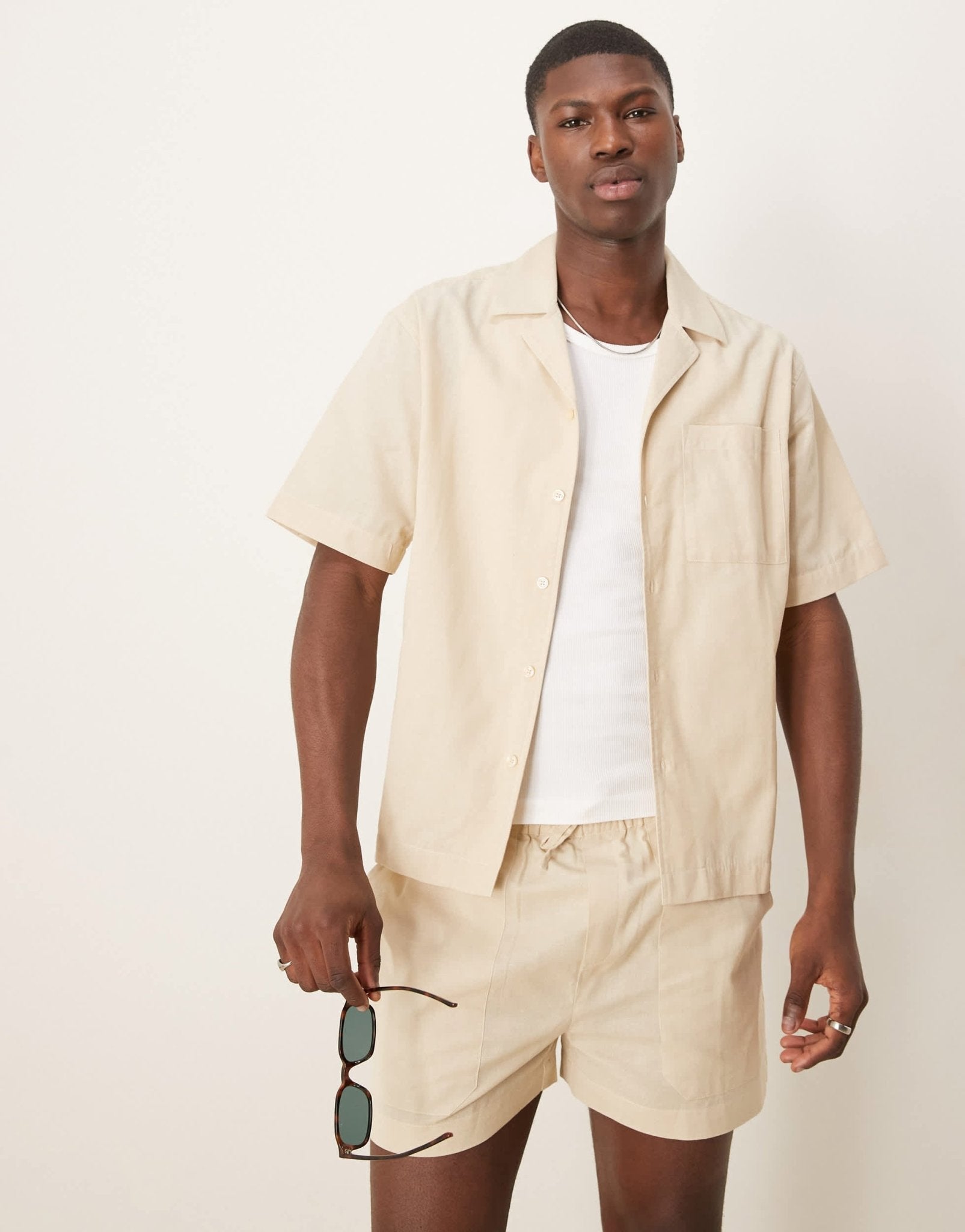 Free Society linen blend short sleeve beach shirt co-ord in beige - ASOS Sample Sale