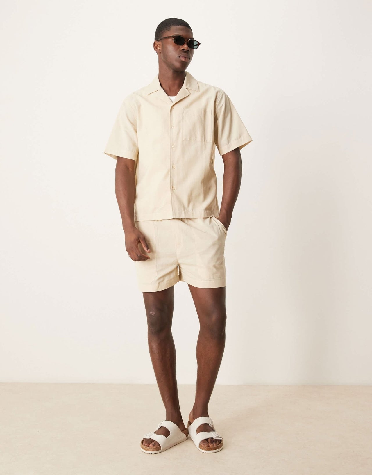 Free Society linen blend short sleeve beach shirt co-ord in beige - ASOS Sample Sale