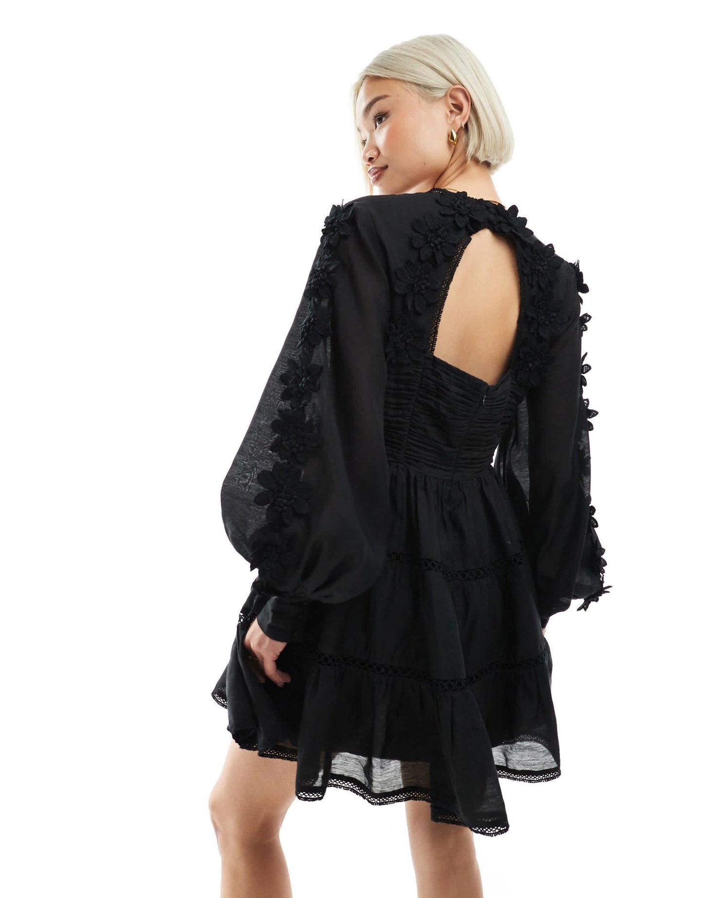 French Connection Aubrey 3D lace detail mini dress in black - ASOS Sample Sale