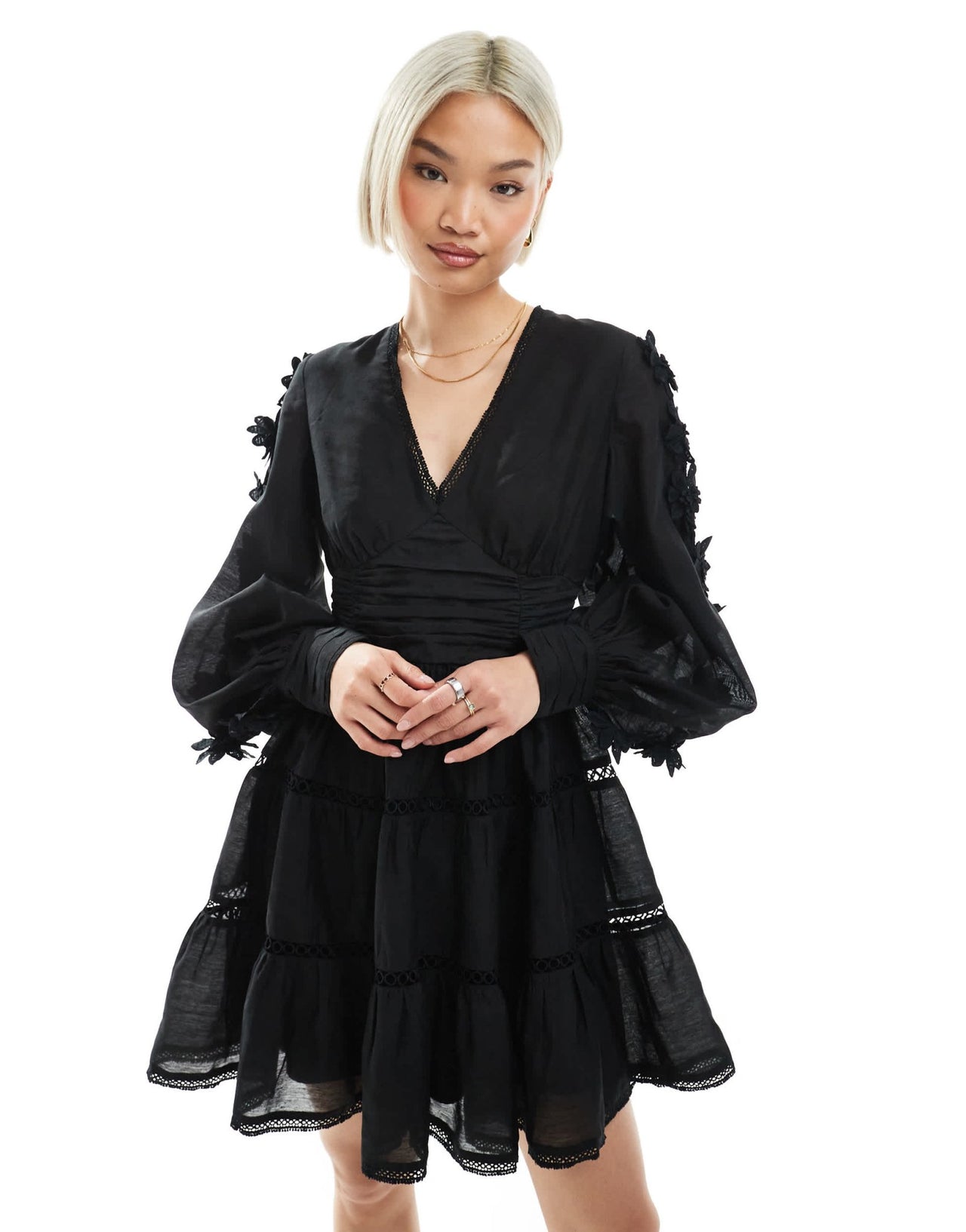 French Connection Aubrey 3D lace detail mini dress in black - ASOS Sample Sale