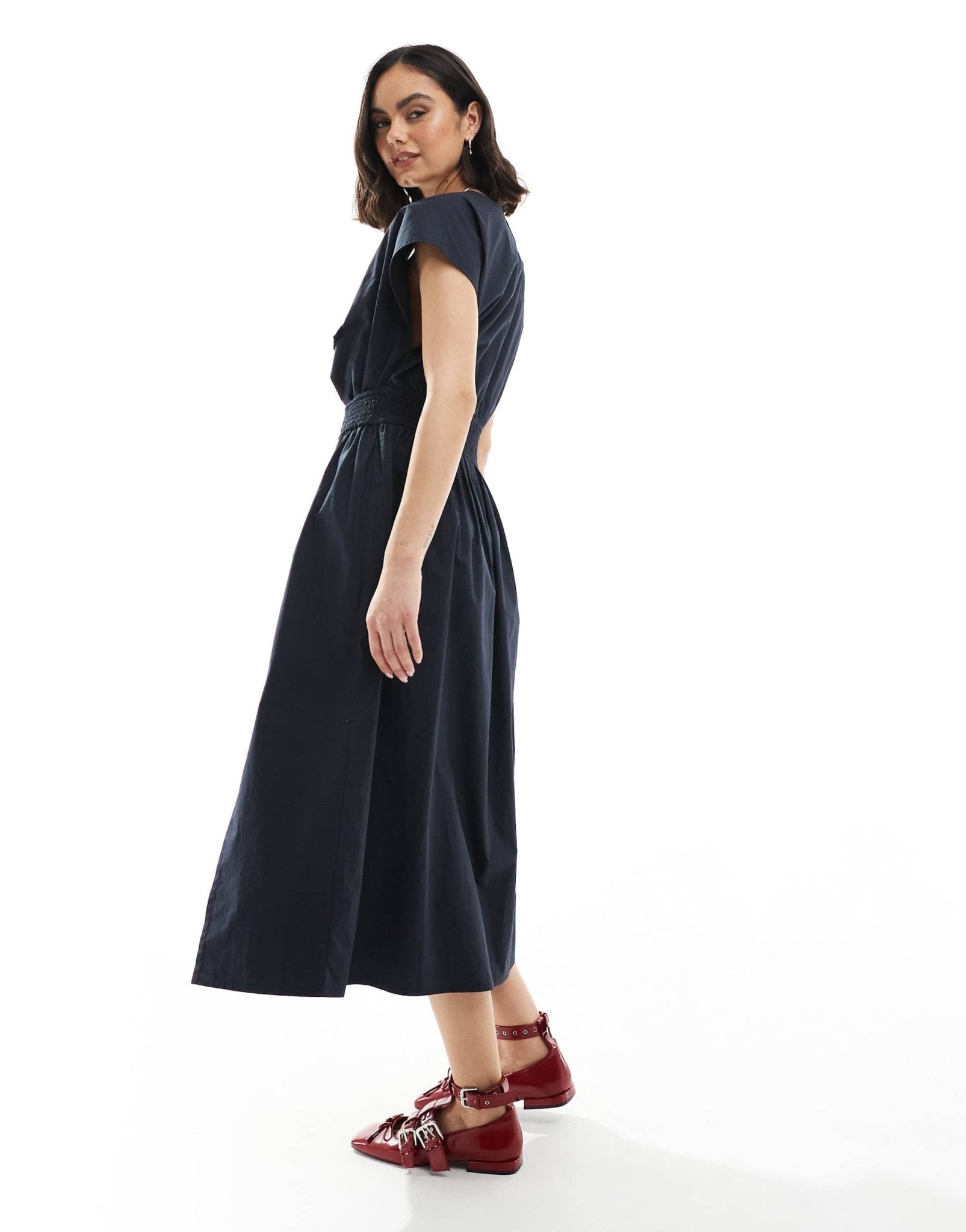 French Connection Barletta cotton poplin tie midi dress in navy - ASOS Sample Sale