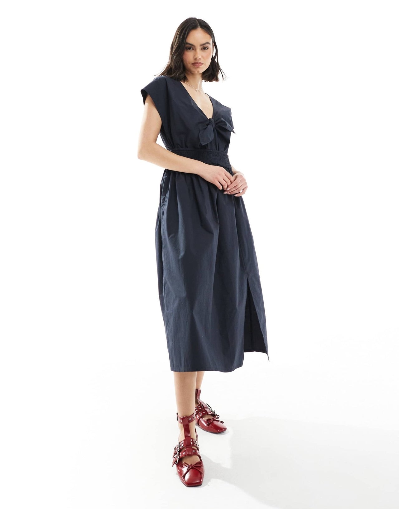 French Connection Barletta cotton poplin tie midi dress in navy - ASOS Sample Sale