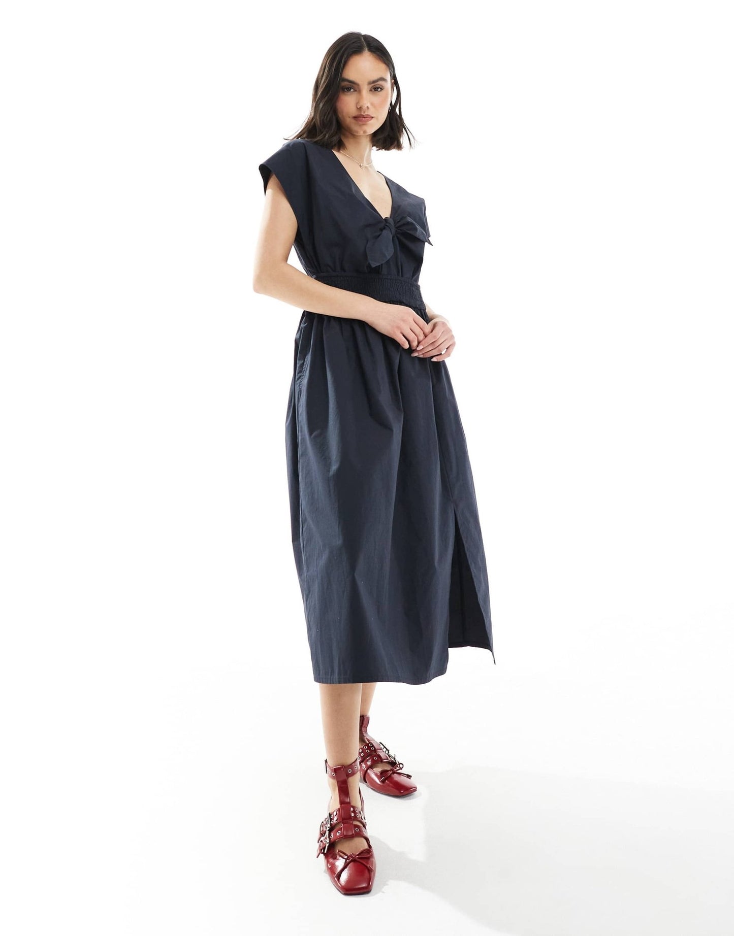 French Connection Barletta cotton poplin tie midi dress in navy - ASOS Sample Sale