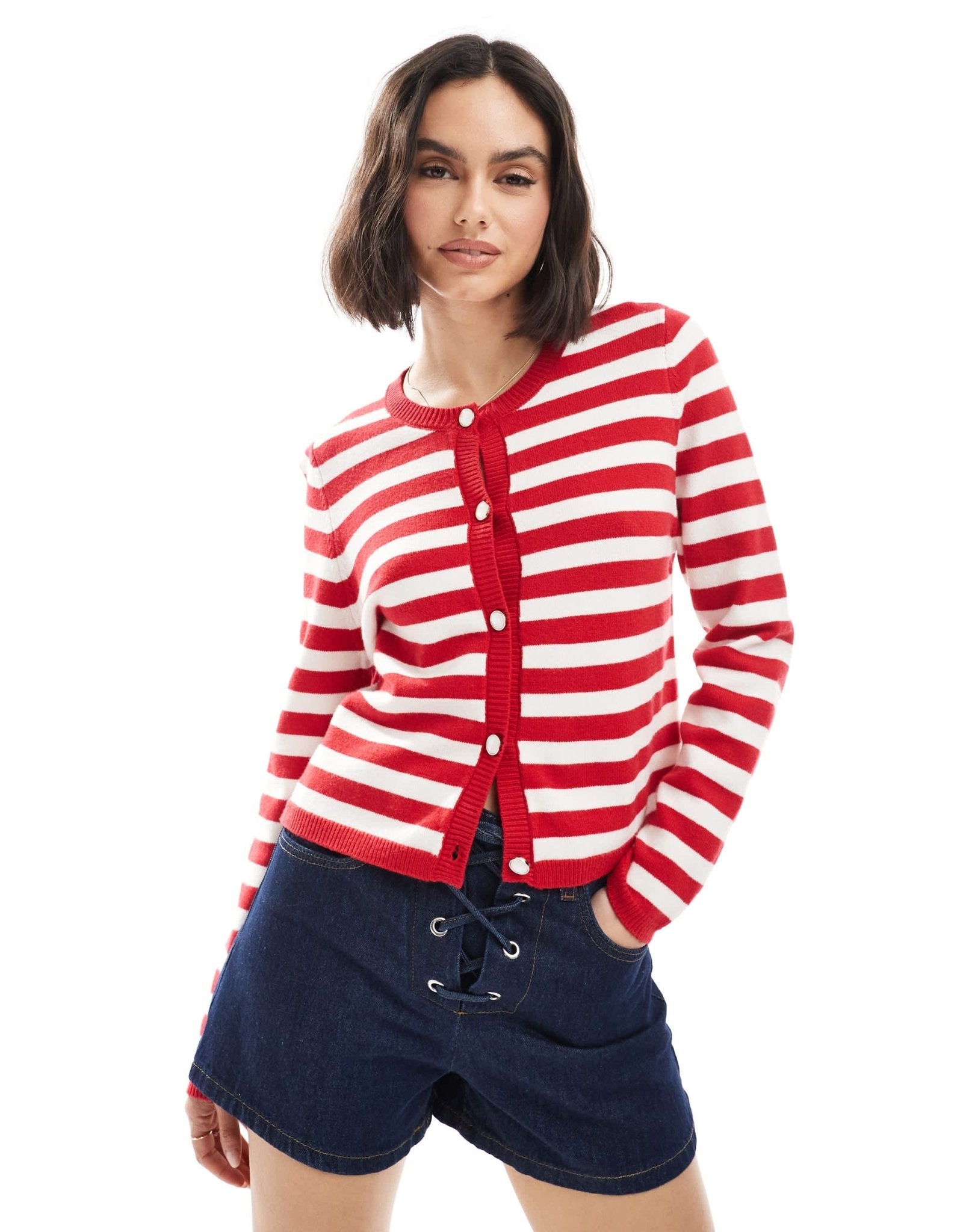 French Connection boxy button up cardigan in red and white stripe - ASOS Sample Sale