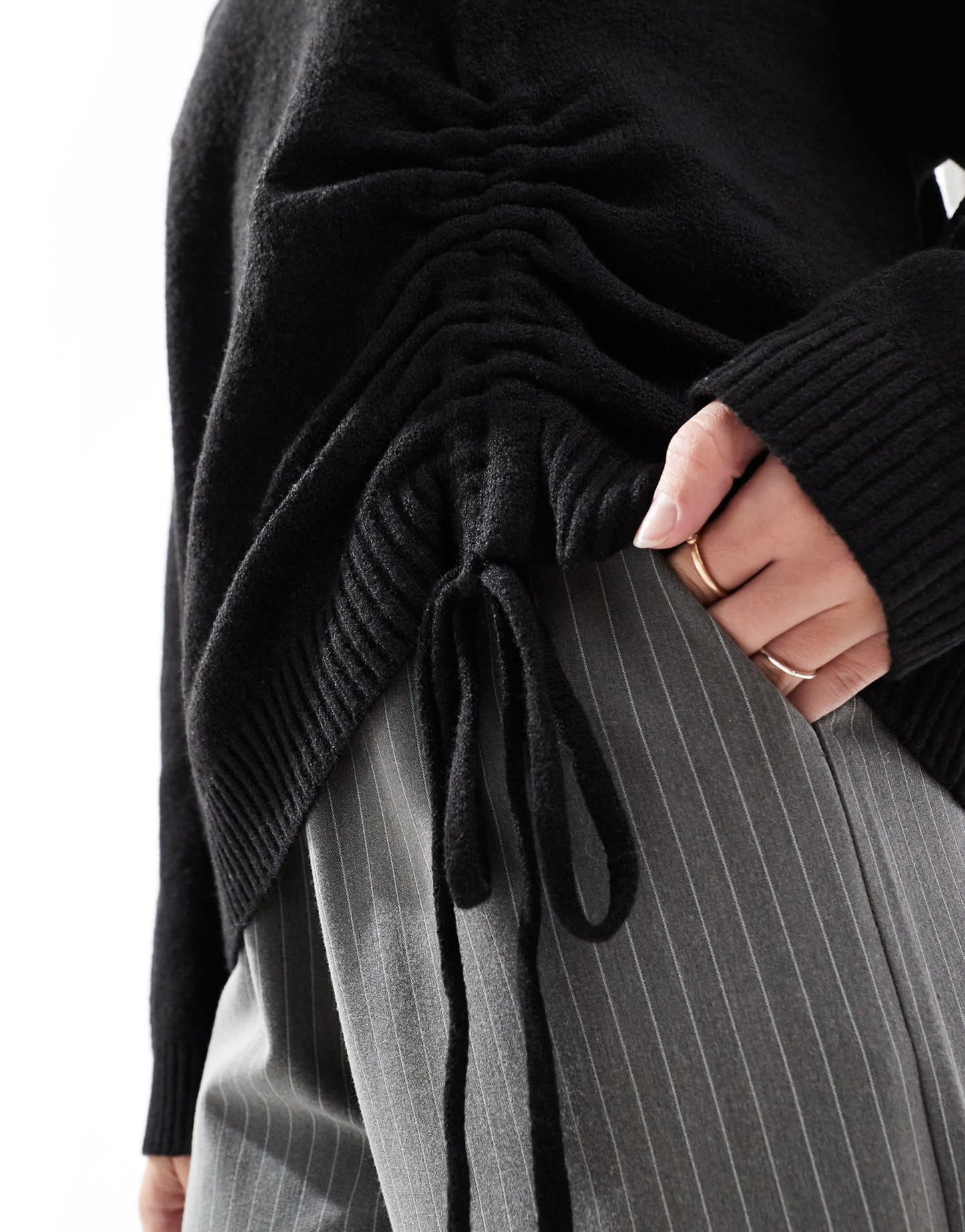 French Connection crew neck jumper with ruched tie front in black - ASOS Sample Sale