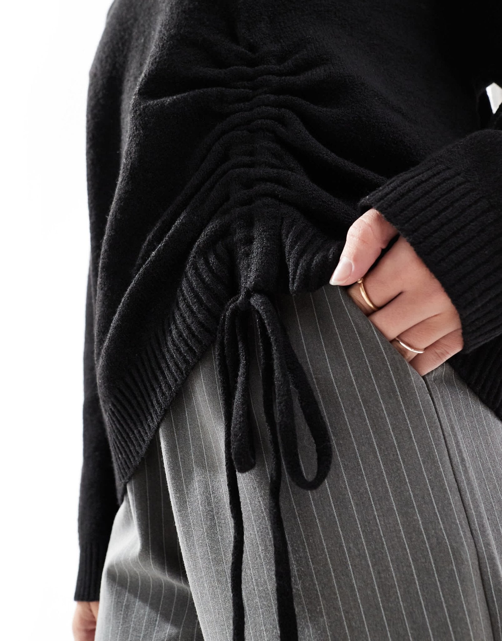 French Connection crew neck jumper with ruched tie front in black - ASOS Sample Sale