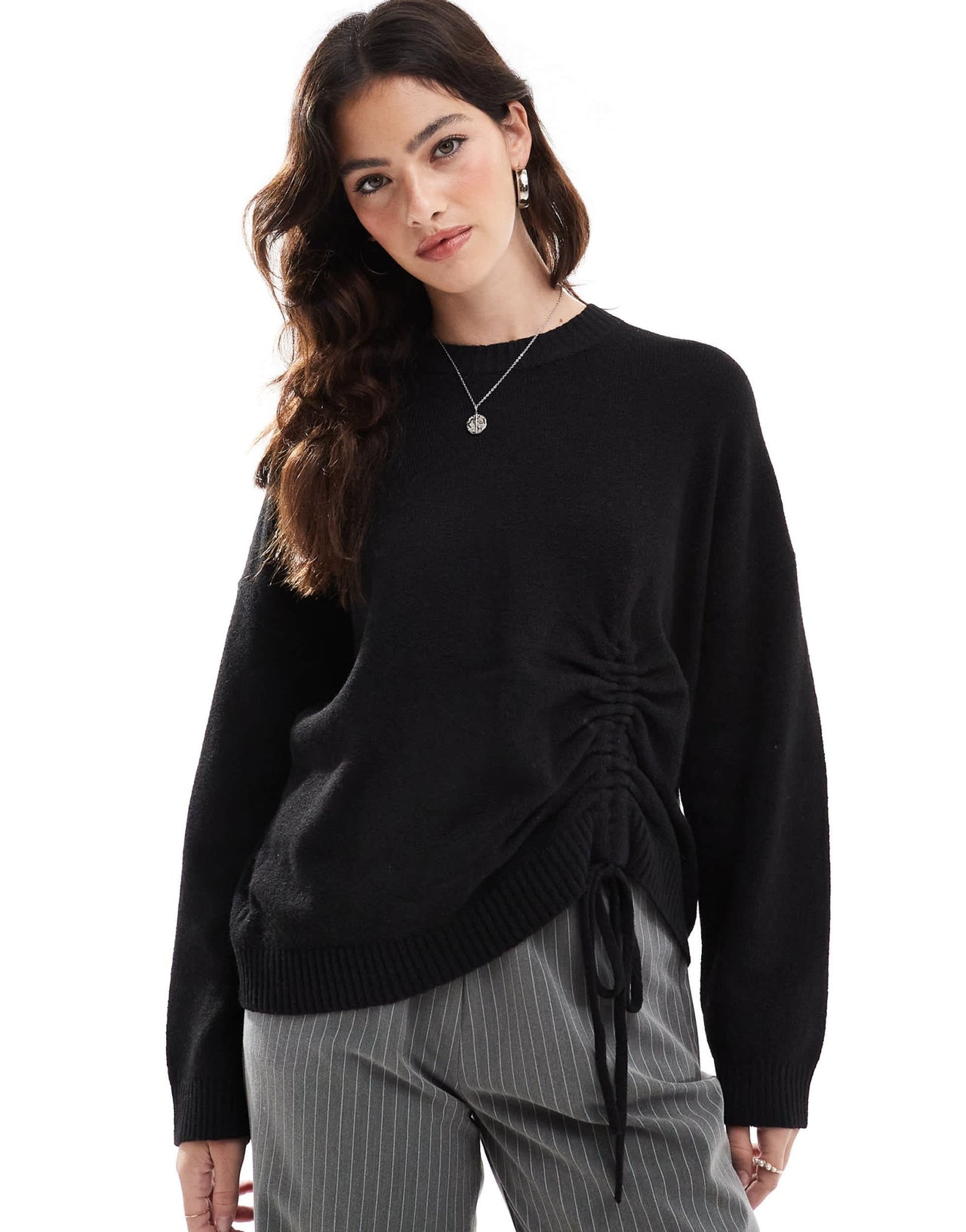 French Connection crew neck jumper with ruched tie front in black - ASOS Sample Sale