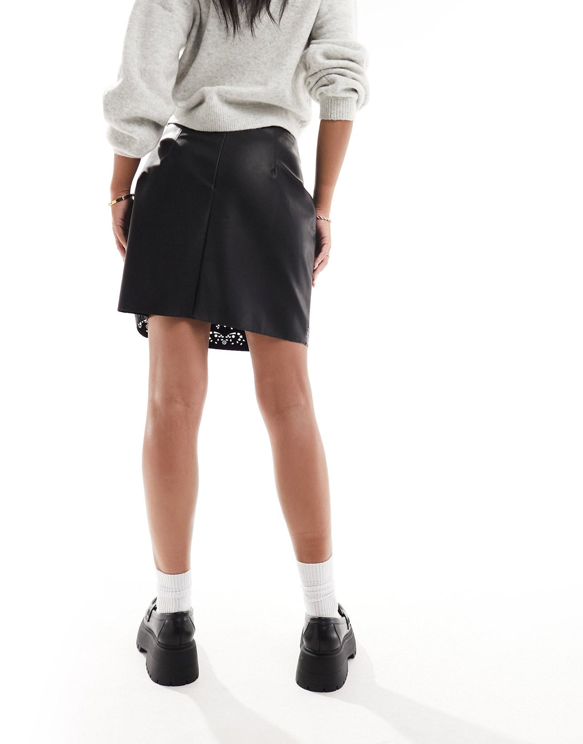 French Connection faux leather mini skirt with embroidery in tonal black - ASOS Sample Sale