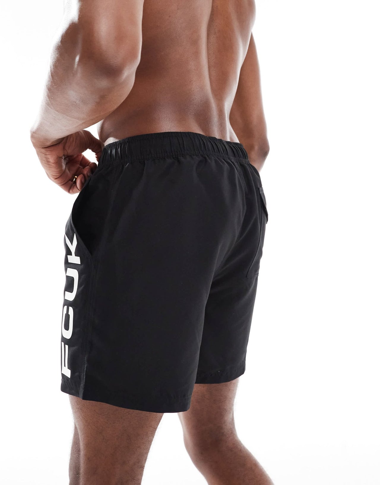 French Connection FCUK logo swim trunks in black and white - ASOS Sample Sale