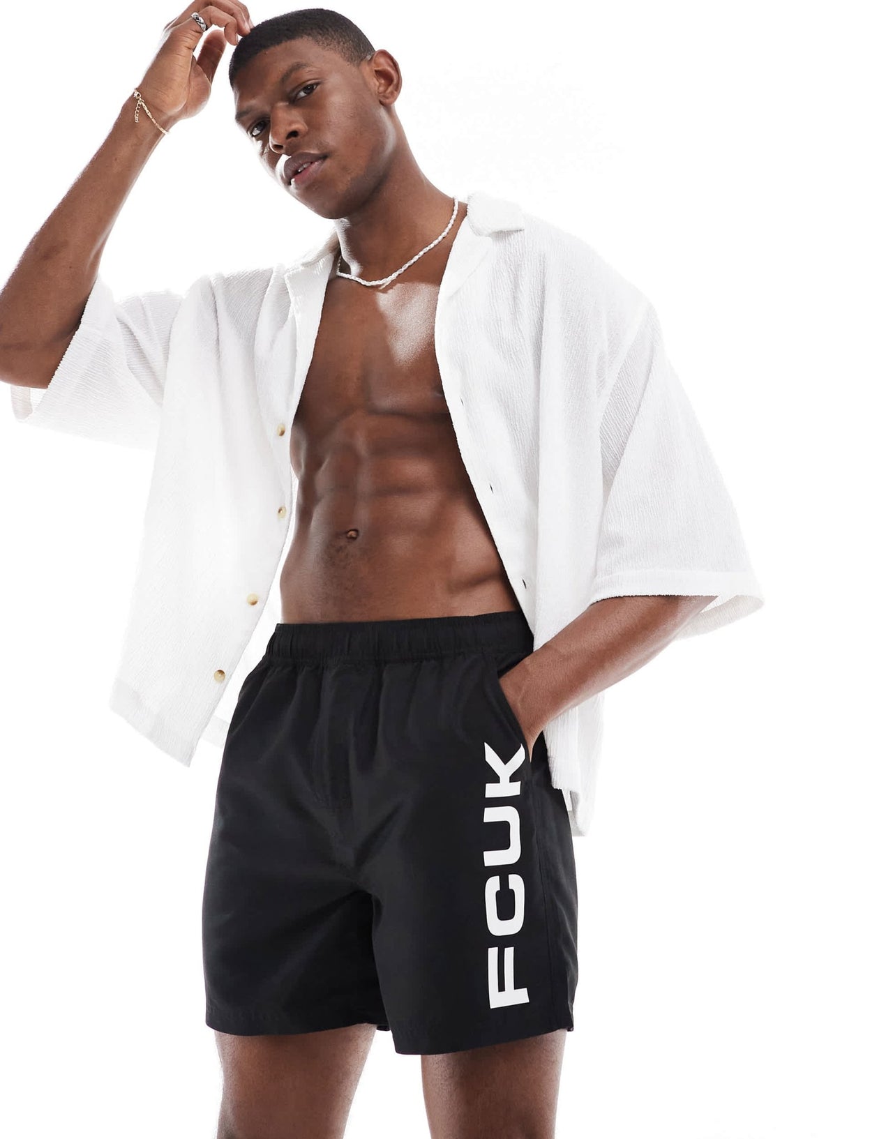 French Connection FCUK logo swim trunks in black and white - ASOS Sample Sale