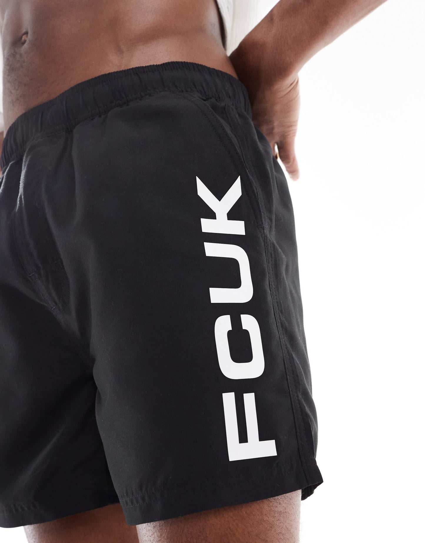 French Connection FCUK logo swim trunks in black and white - ASOS Sample Sale