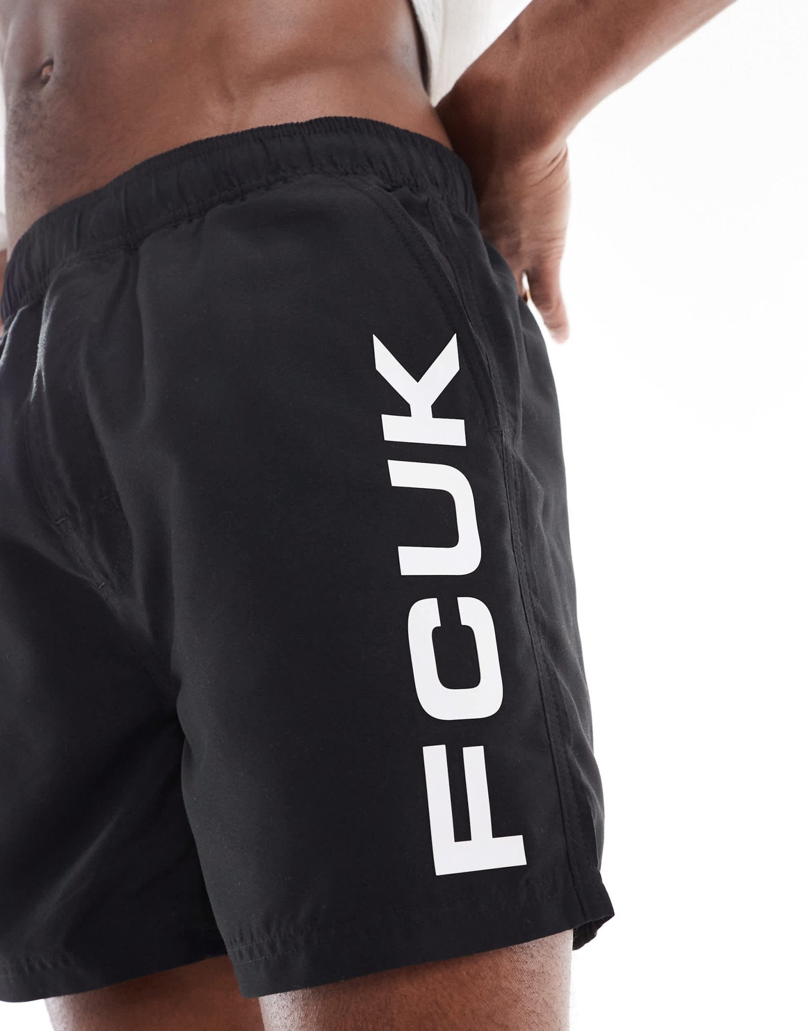 French Connection FCUK logo swim trunks in black and white - ASOS Sample Sale