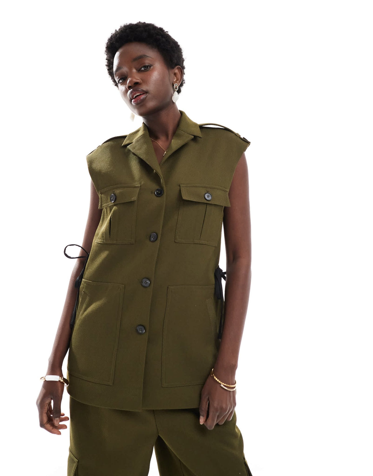French Connection Florence twill utility waistcoat co-ord in khaki - ASOS Sample Sale