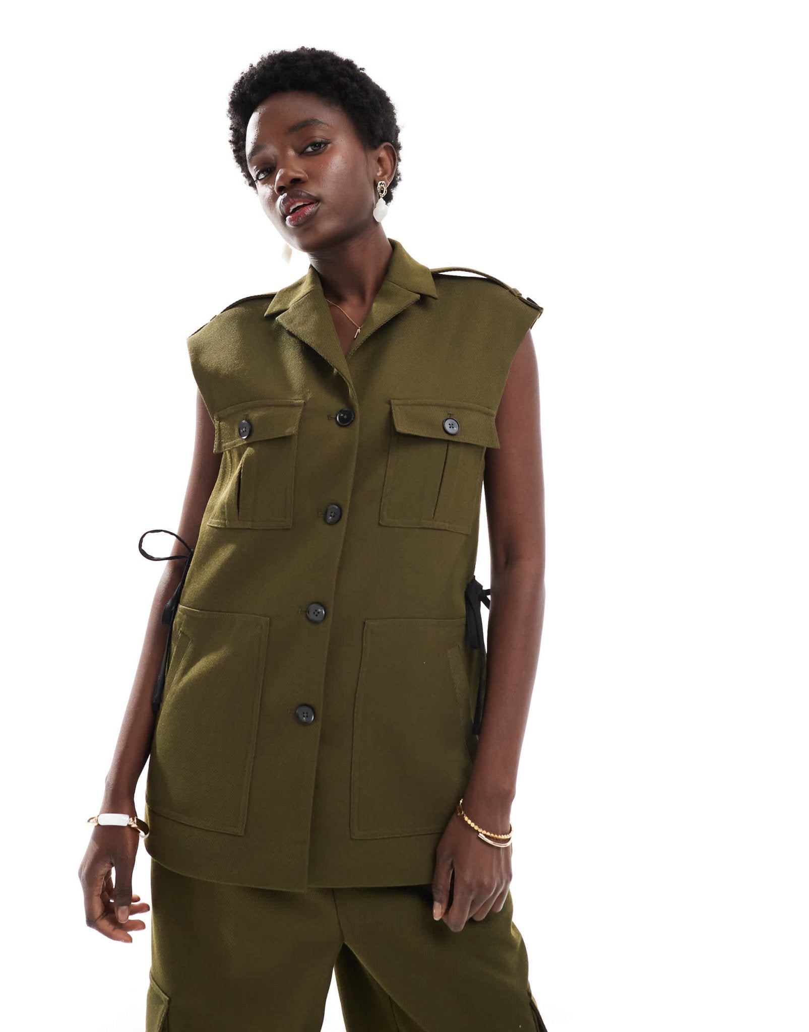 French Connection Florence twill utility waistcoat co-ord in khaki - ASOS Sample Sale