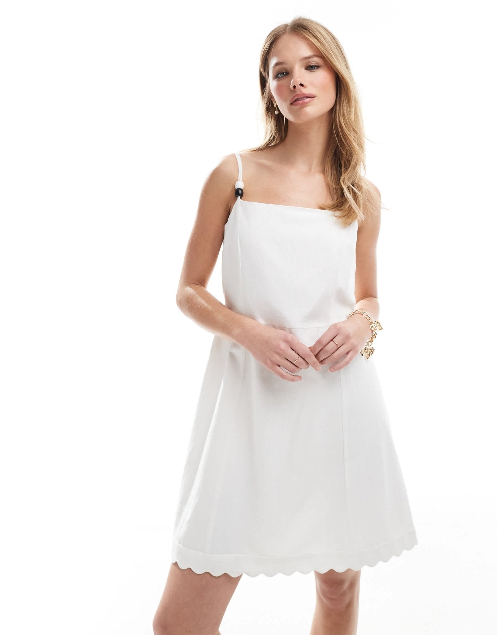 French Connection linen mini dress with scalloped hem in white - ASOS Sample Sale